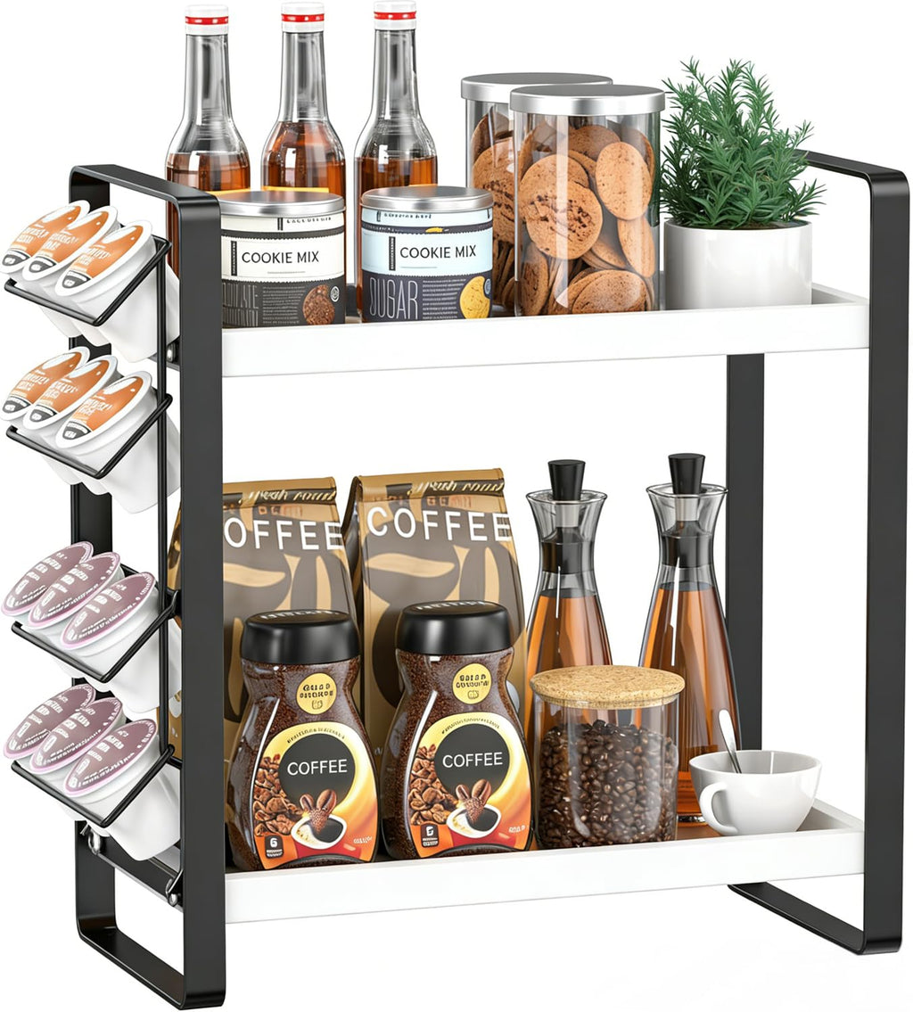 LEMIKKLE Coffee Station Organizer with Pod Holder and Drawer, Kitchen Countertop Organizer, Coffee Bar Accessories Station with Coffee Pod Storage, 2-Tier Wood Coffee Organizer With 6 Hooks