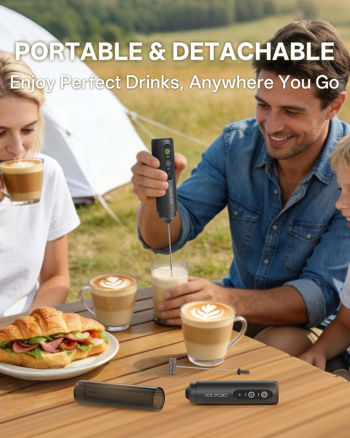 CIRCLE JOY Rechargeable Milk Frother Hanheld, Dual Coil Whisk Head Electric Coffee Frother, Portable Hand Frother Wand Drink Mixer for Matcha Lattes Cappuccino, Kitchen Gifts, Black