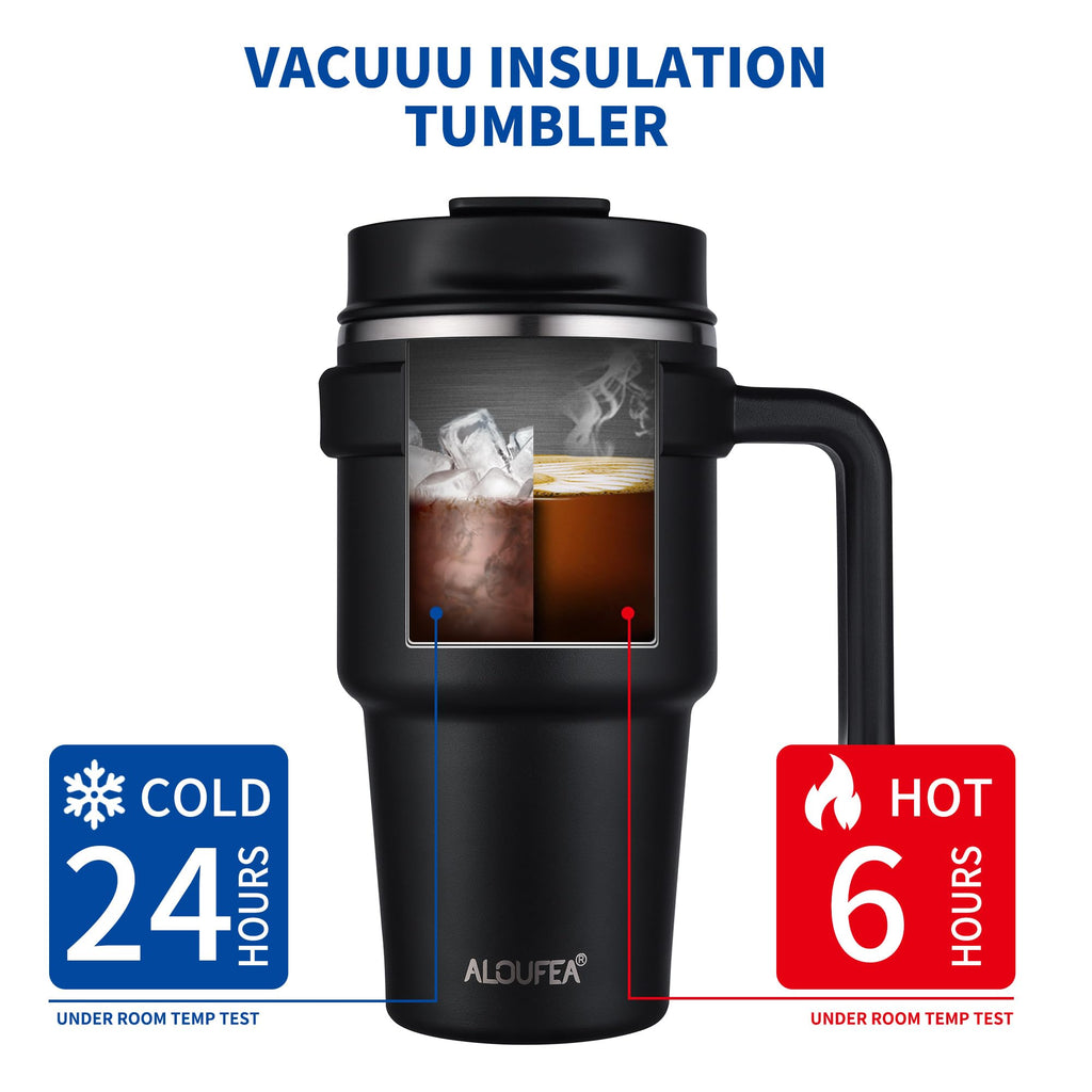20 oz Insulated Coffee Mug Tumbler with Handle, Stainless Steel Travel Mug Tumbler with Lid and Straw,Double Wall Vacuum Leak Proof Ice Coffee Thermal Cup, Black