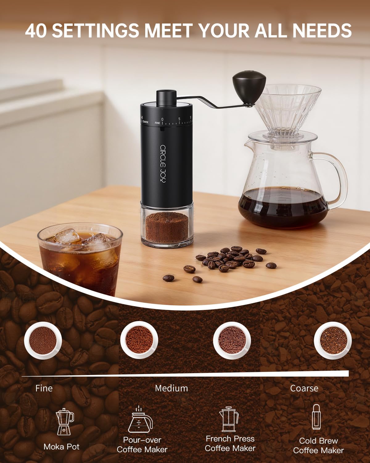 CIRCLE JOY Mini Manual Coffee Grinder with 40 External Adjustable Settings and Ceramic Conical Burr, Portable Stainless Steel Hand Coffee Grinder for Home and Travel