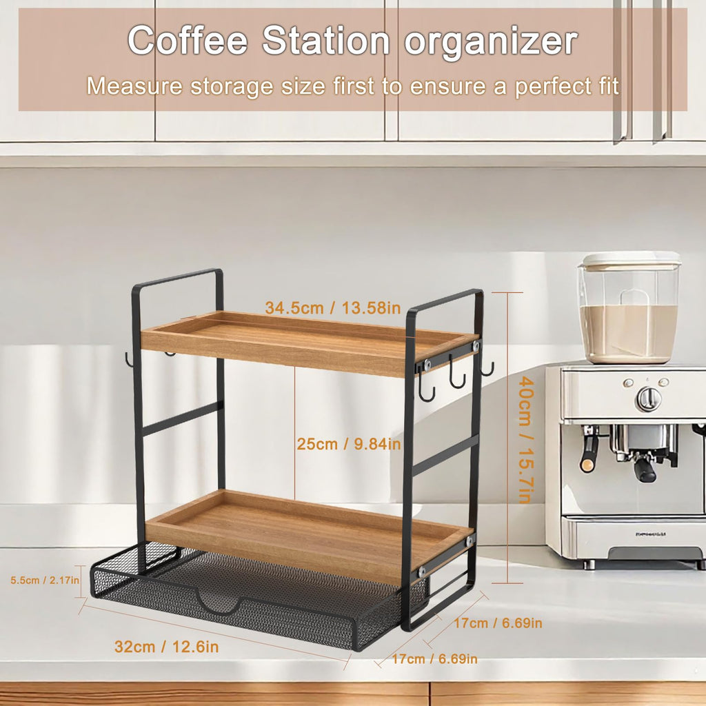 LEMIKKLE Coffee Station Organizer with Pod Holder and Drawer, Kitchen Countertop Organizer, Coffee Bar Accessories Station with Coffee Pod Storage, 2-Tier Wood Coffee Organizer With 6 Hooks