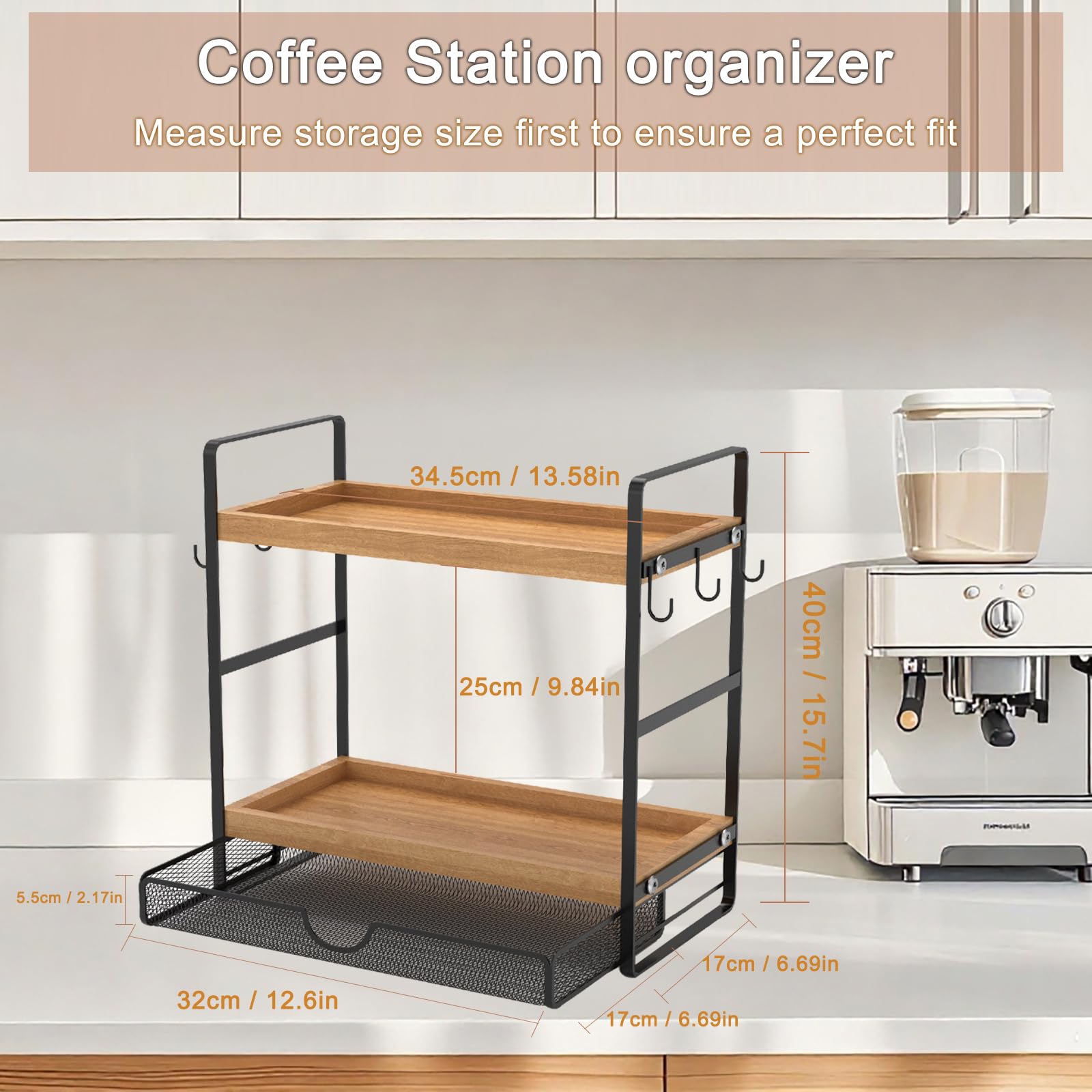 LEMIKKLE Coffee Station Organizer with Pod Holder and Drawer, Kitchen Countertop Organizer, Coffee Bar Accessories Station with Coffee Pod Storage, 2-Tier Wood Coffee Organizer With 6 Hooks