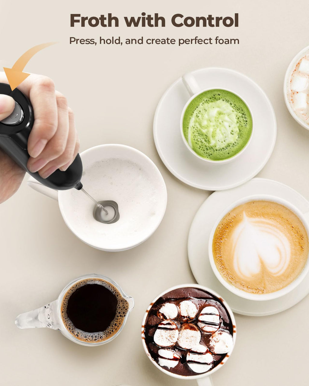 SIMPLETASTE Milk Frother Handheld Electric Foam Maker, Drink Mixer with Stainless Steel Whisk for Cappuccino, Bulletproof Coffee, Latte, Gray, with Stand, Battery Operated