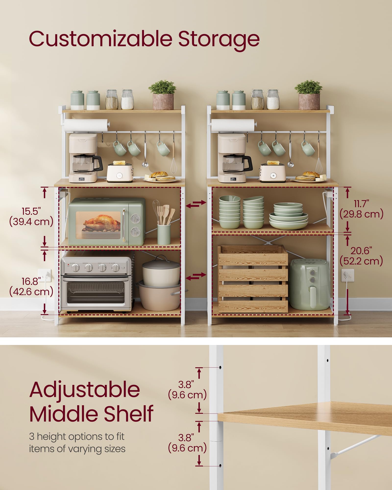 VASAGLE BARNET Collection - Kitchen Bakers Rack with Power Outlet, 31.5-Inch Wide Coffee Bar 4-Tier with 8 S Hooks, Modern Microwave Stand, Adjustable Shelf, Rustic Brown and Ink Black UKKS029KD01