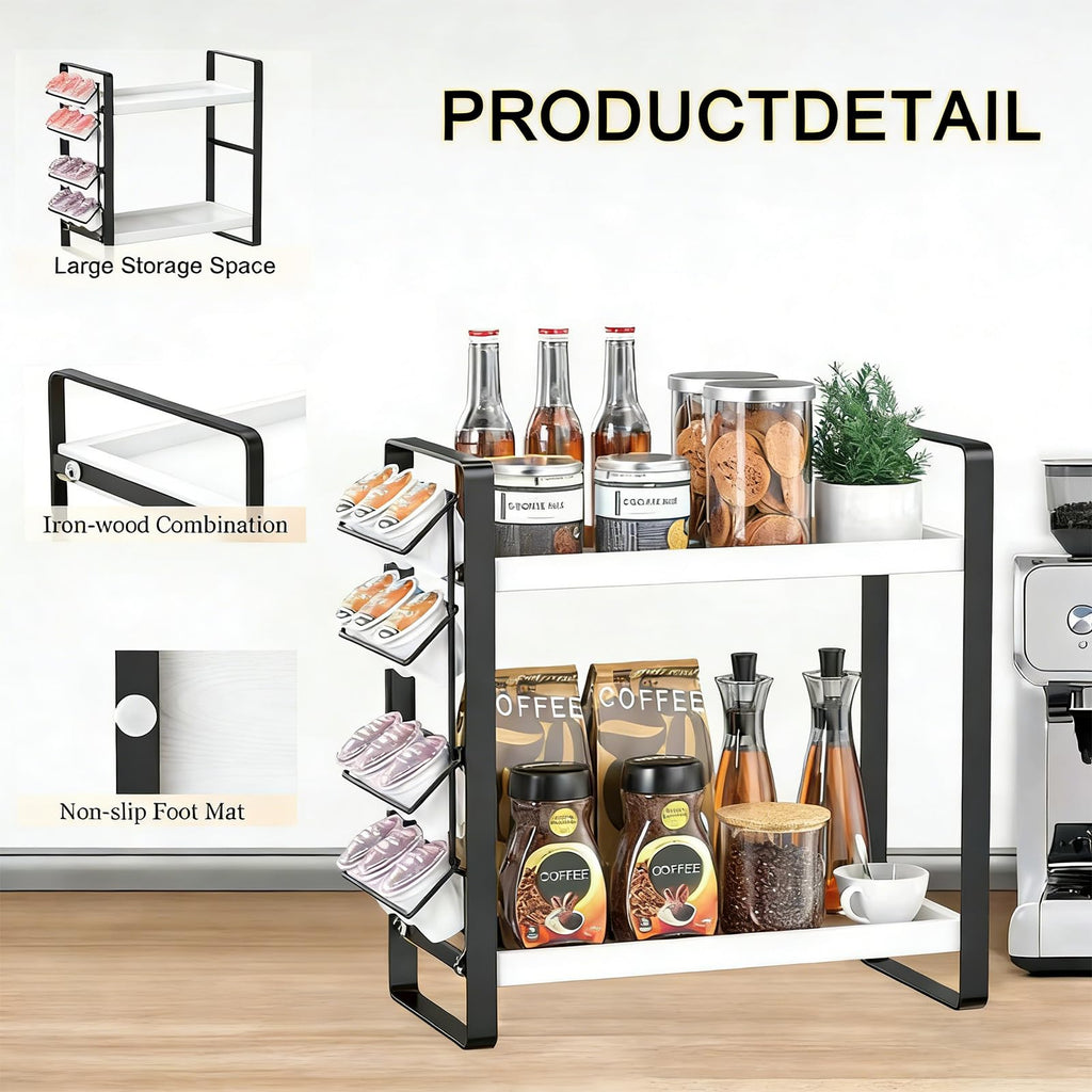 LEMIKKLE Coffee Station Organizer with Pod Holder and Drawer, Kitchen Countertop Organizer, Coffee Bar Accessories Station with Coffee Pod Storage, 2-Tier Wood Coffee Organizer With 6 Hooks