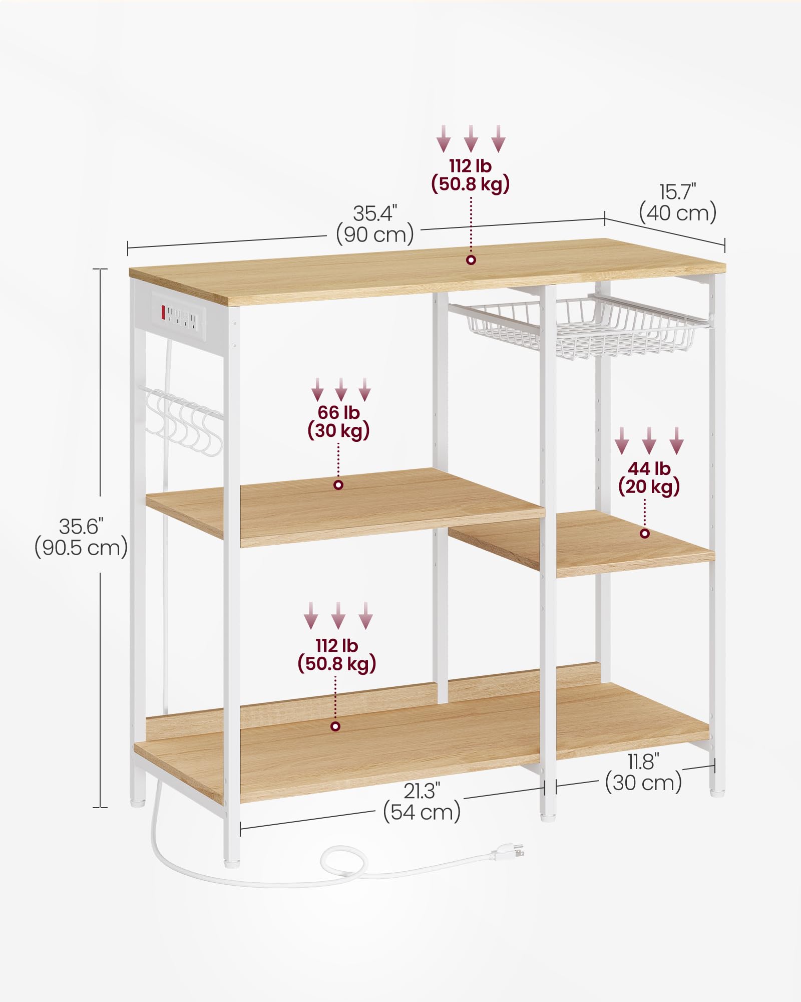 VASAGLE Baker's Rack, Coffee Bar Stand with Charging Station, 35.6 Inches Tall, Storage Shelves, Pull-Out Wire Basket, Table for Microwave, Kitchen, Rustic Brown and Ink Black UKKS036K01