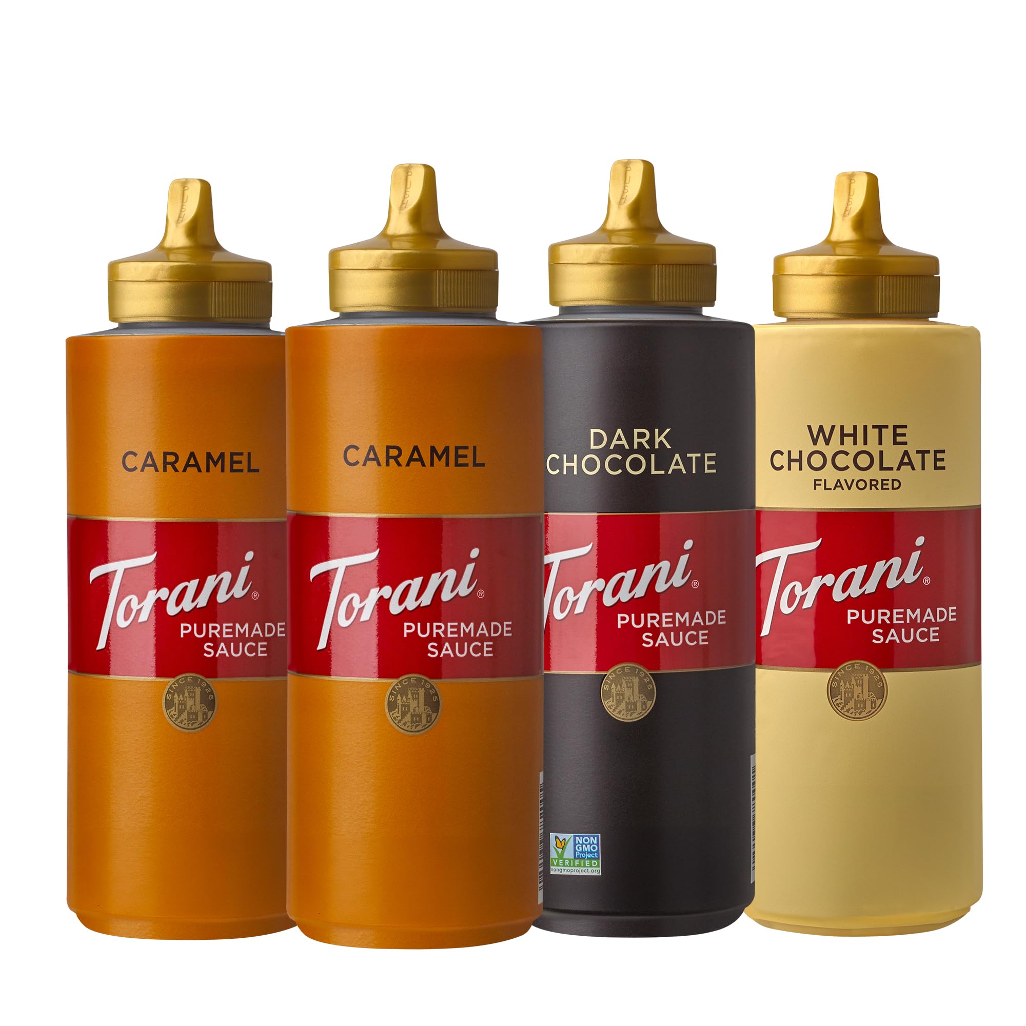Torani Puremade Dessert & Drink Sauce Variety Pack, Chocolate Caramel, Dark Chocolate, White Chocolate & Caramel, 16.5 fl oz (Set of 4)