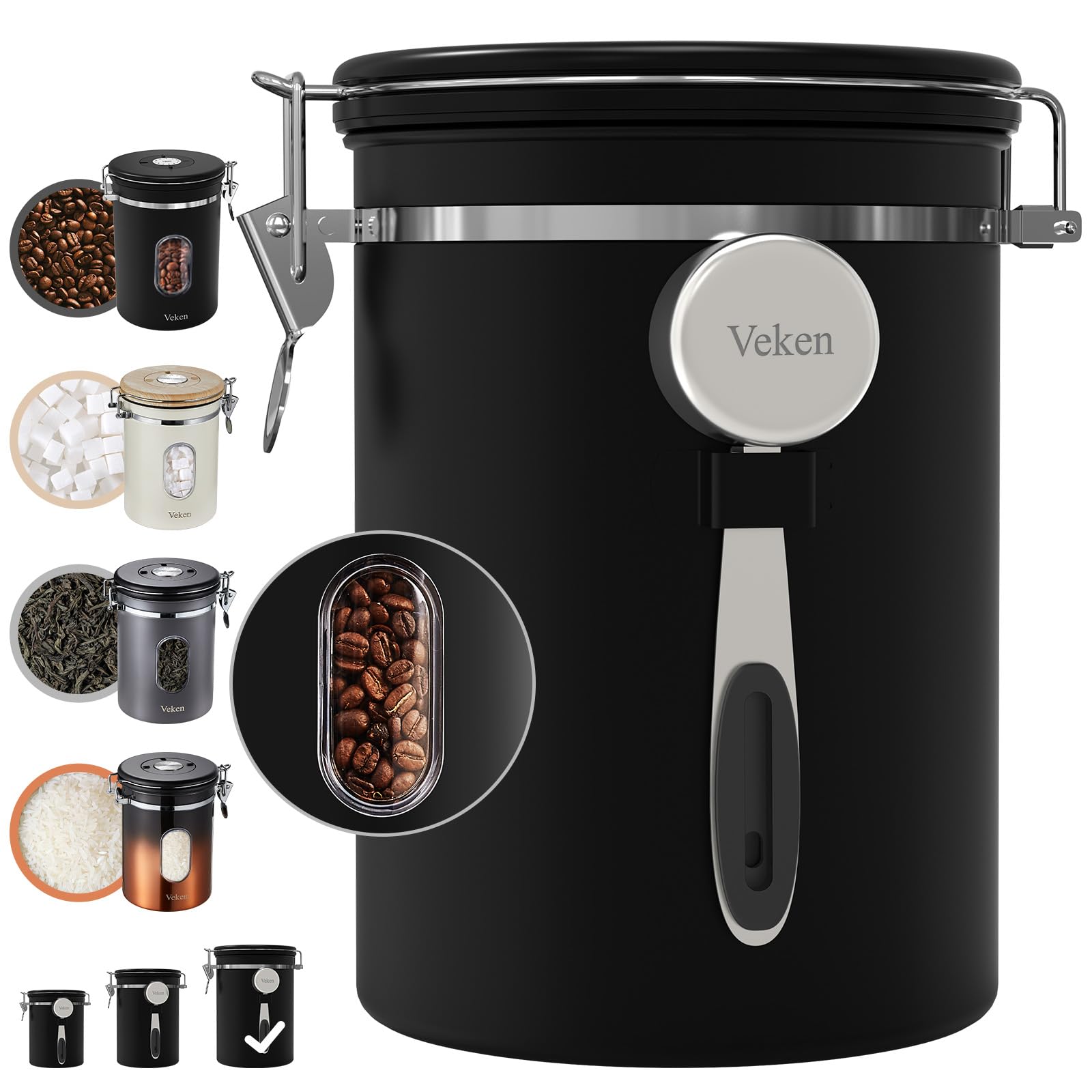 Veken Coffee Canister with Window,Airtight Stainless Steel Pantry Container,Home Kitchen Food Storage Organizers for Ground,Beans,Espresso,Rice,Tea,Sugar,Cereal, Decor,Bar Accessories,Gifts,22OZ,Black