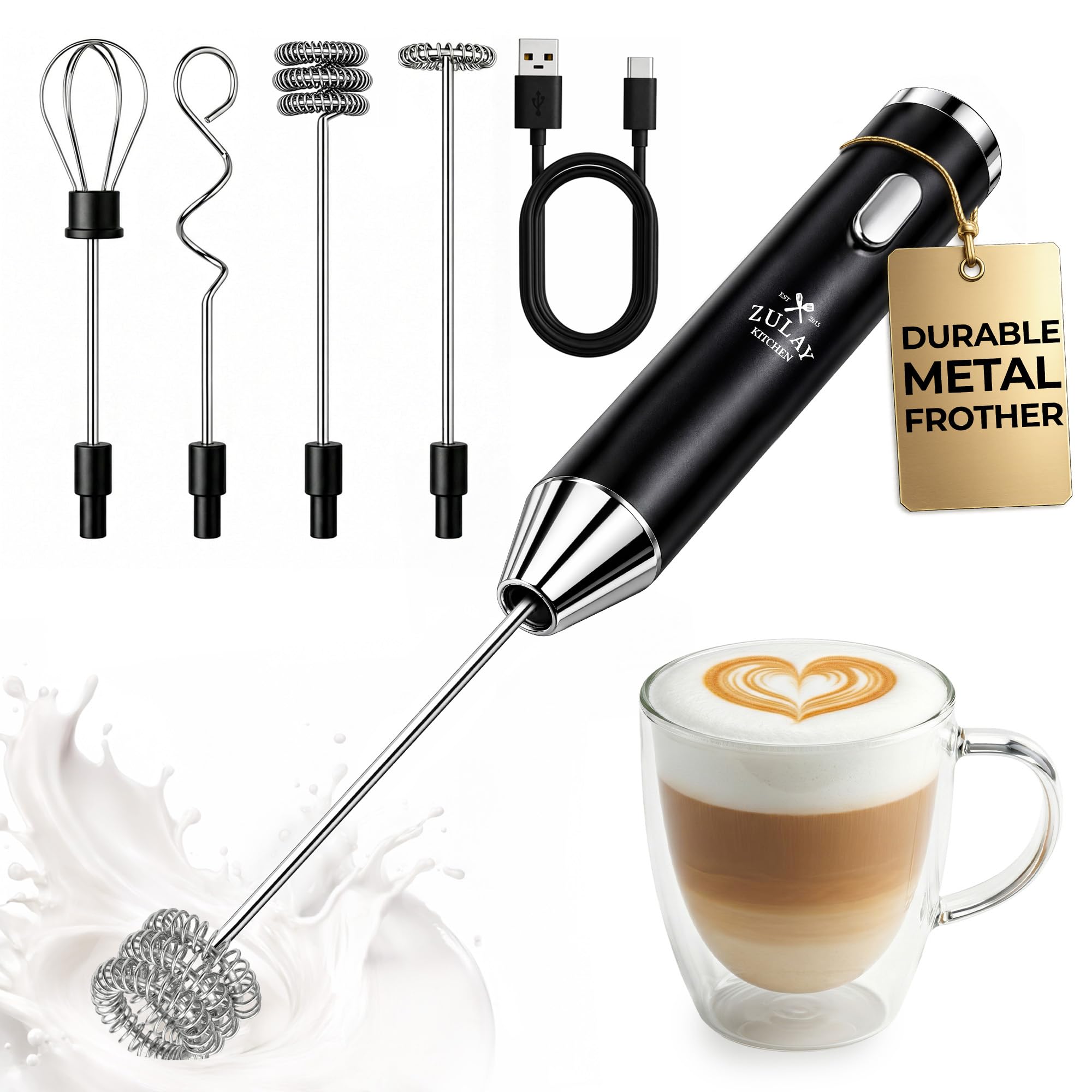 Zulay Kitchen Rechargeable Milk Frother Handheld - Frother Wand, Drink Mixer, Electric Whisk Frother, for Cappuccinos, Matcha & Protein Powder - Lux 4 Whisk 2 Speed Waterproof 2000mAh Alpha Black