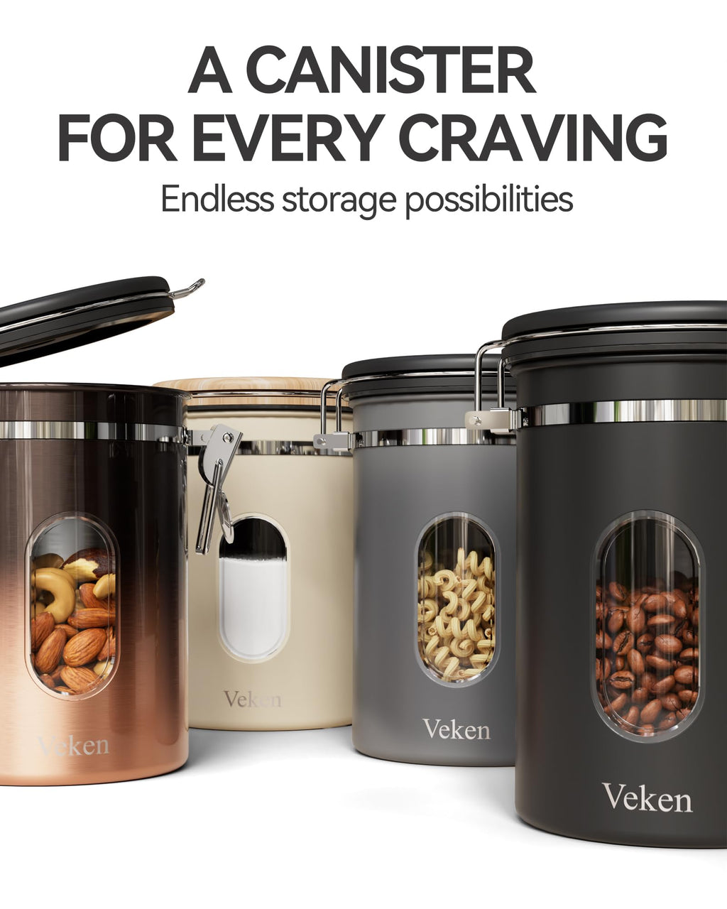 Veken Coffee Canister with Window,Airtight Stainless Steel Pantry Container,Home Kitchen Food Storage Organizers for Ground,Beans,Espresso,Rice,Tea,Sugar,Cereal, Decor,Bar Accessories,Gifts,22OZ,Black
