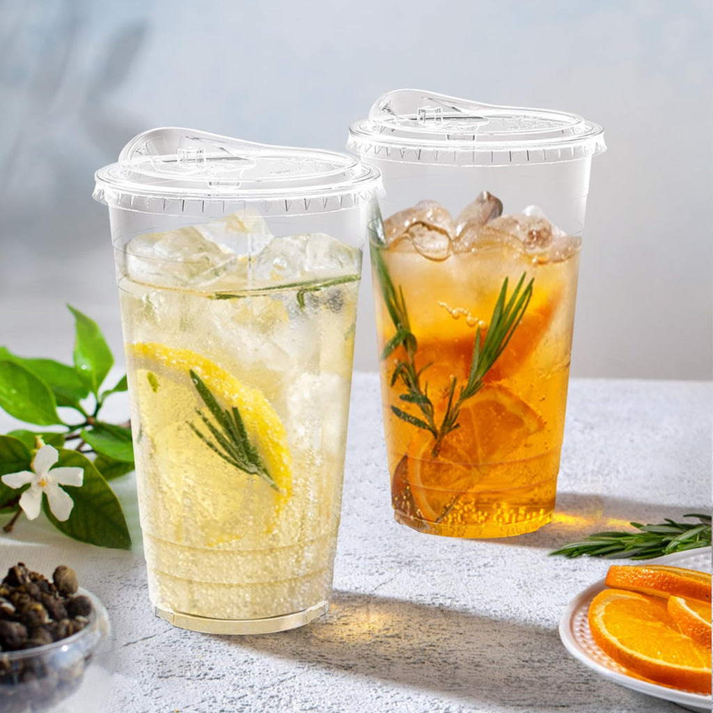Dealusy 100 Pack - 20 oz Clear Plastic Cups with Lids, Sturdy & Food Safe Iced Coffee Cups with lids, Disposable Plastic Smoothie Cups for Cold Drinks, Sip Lids