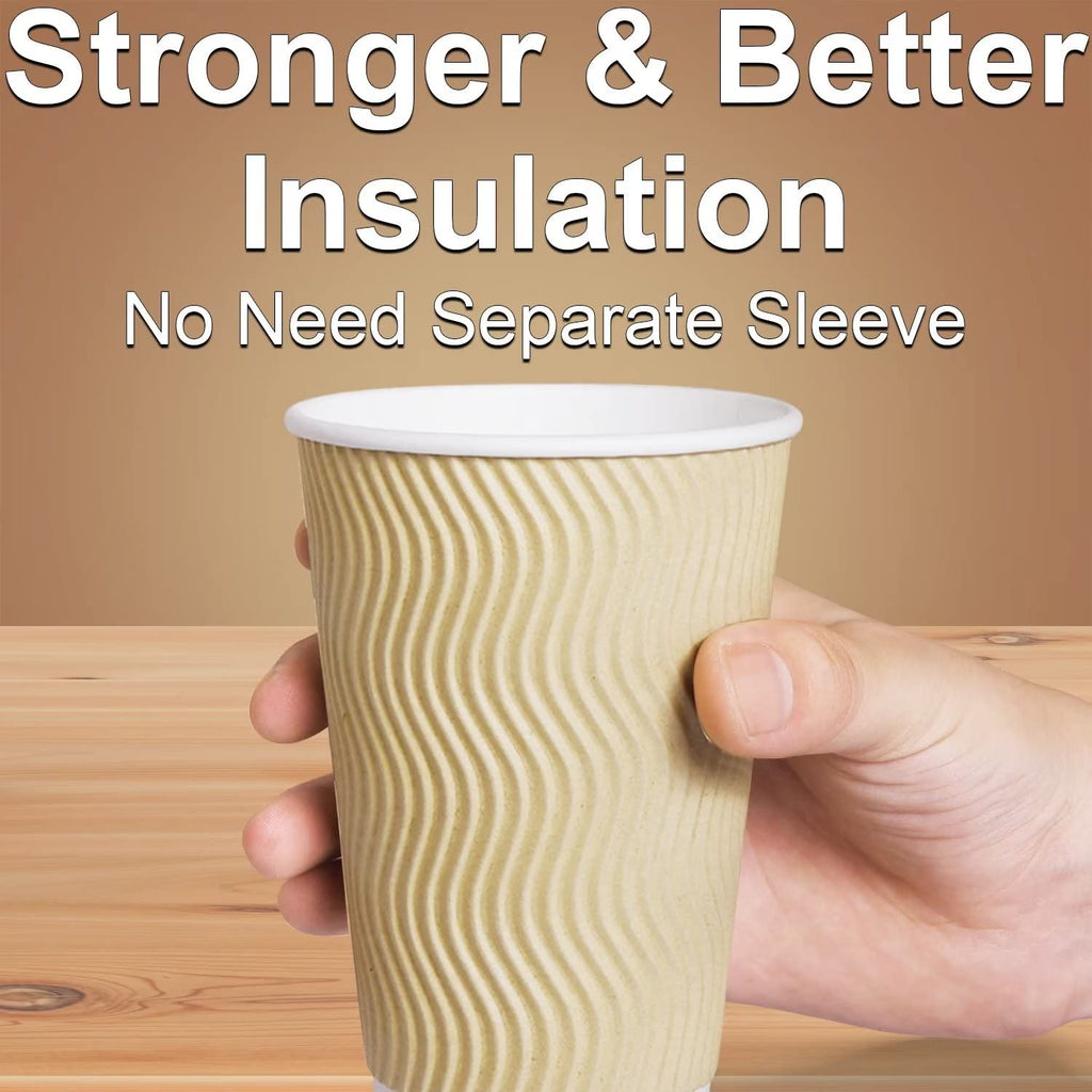 Hot Paper Cups_12 oz Disposable Insulated Corrugated Sleeve Ripple Wall Paper Cup 100 pcs,12oz Cups for Drink，Hot Coffee Cups (Brown)