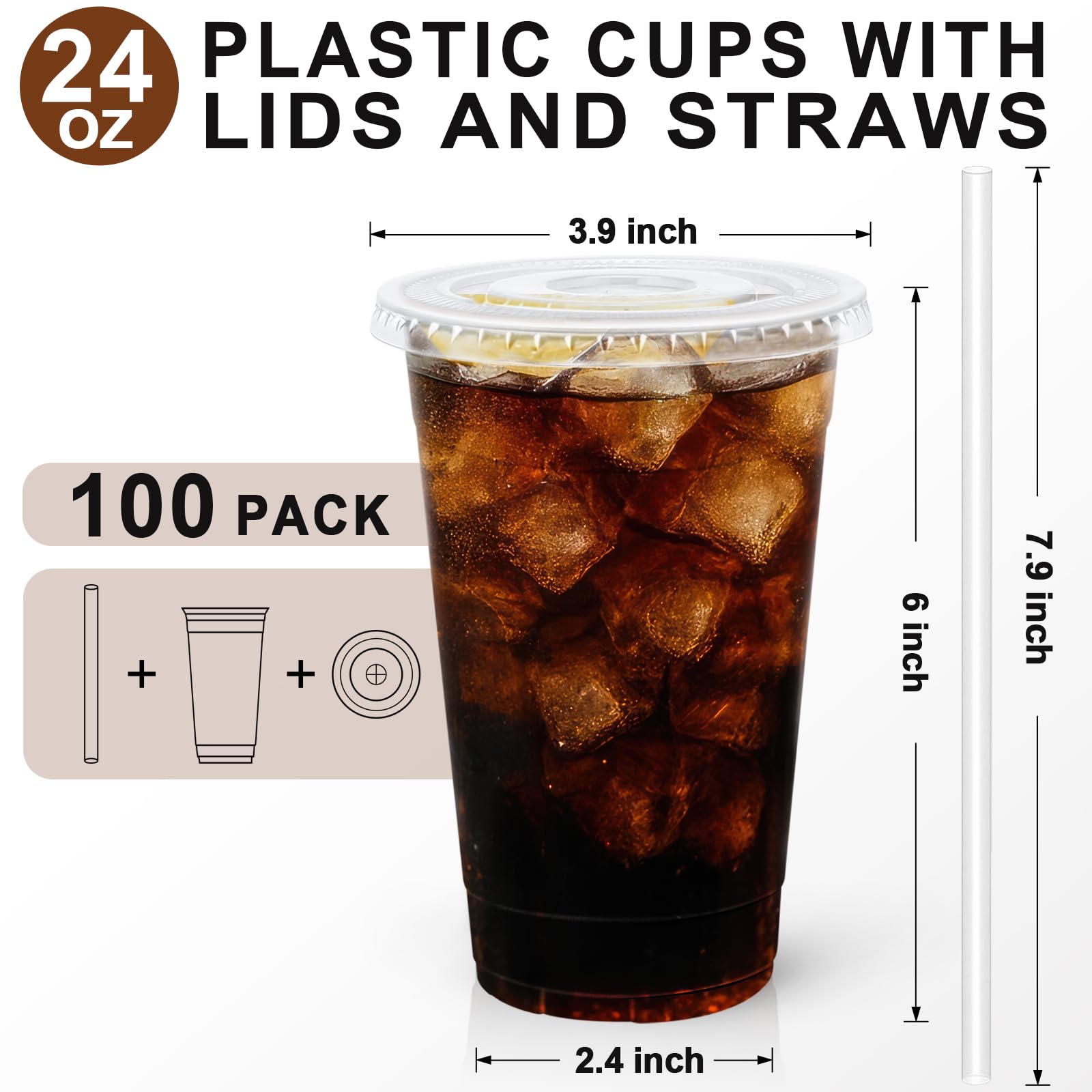 Lamosi 100 Pack 20 oz Clear Plastic Cups with Lids and Straws, Disposable Iced Coffee Cups with Lids for To-Go Cold Drinks, Smoothies and Slushie