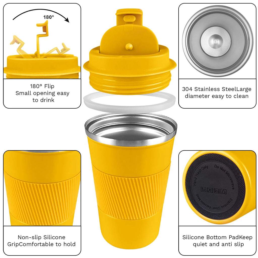 YINBAOGE Insulated Travel Coffee Mug, Spill & Leak Proof, Portable To Go Camping Stainless Steel Coffee Tumbler, Reusable Thermal Coffee Cup with Lid for Hot & Cold Drinks (Black, 12 OZ)