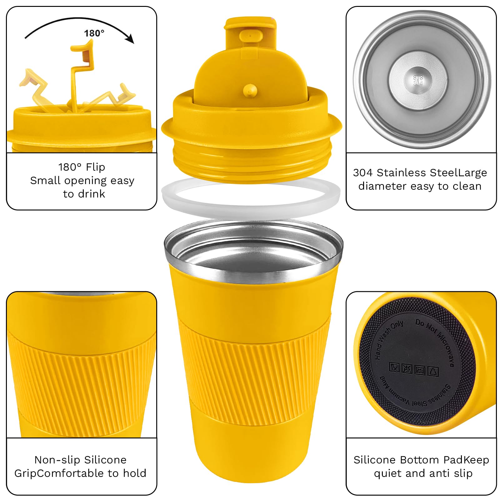 YINBAOGE Insulated Travel Coffee Mug, Spill & Leak Proof, Portable To Go Camping Stainless Steel Coffee Tumbler, Reusable Thermal Coffee Cup with Lid for Hot & Cold Drinks (Black, 12 OZ)