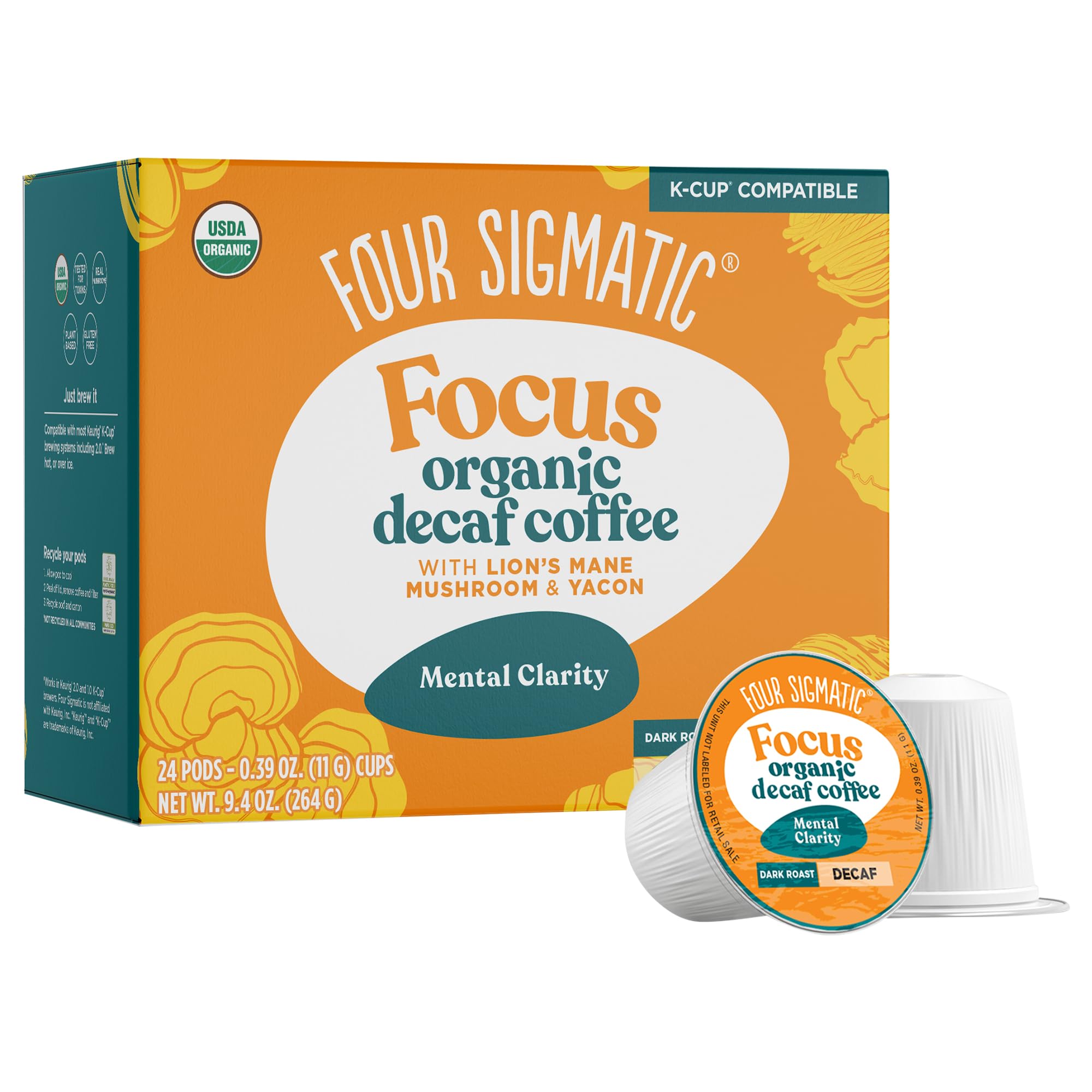 Four Sigmatic Mushroom Coffee K-Cups | Organic Dark Roast Coffee with Lion’s Mane Mushroom Powder & Yacon | Focus & Immune Support | Vegan & Keto | Sustainable Pods | 24 Count