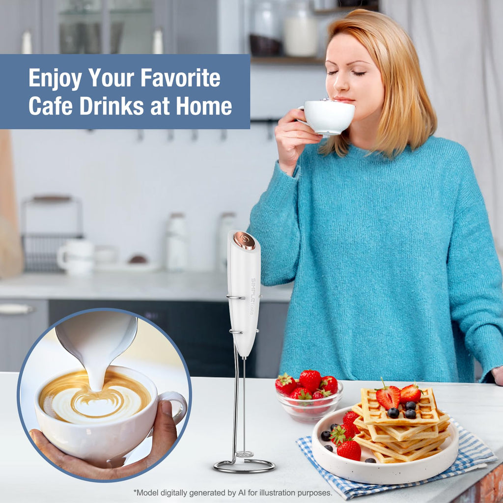 SIMPLETASTE Milk Frother Handheld Electric Foam Maker, Drink Mixer with Stainless Steel Whisk for Cappuccino, Bulletproof Coffee, Latte, Gray, with Stand, Battery Operated
