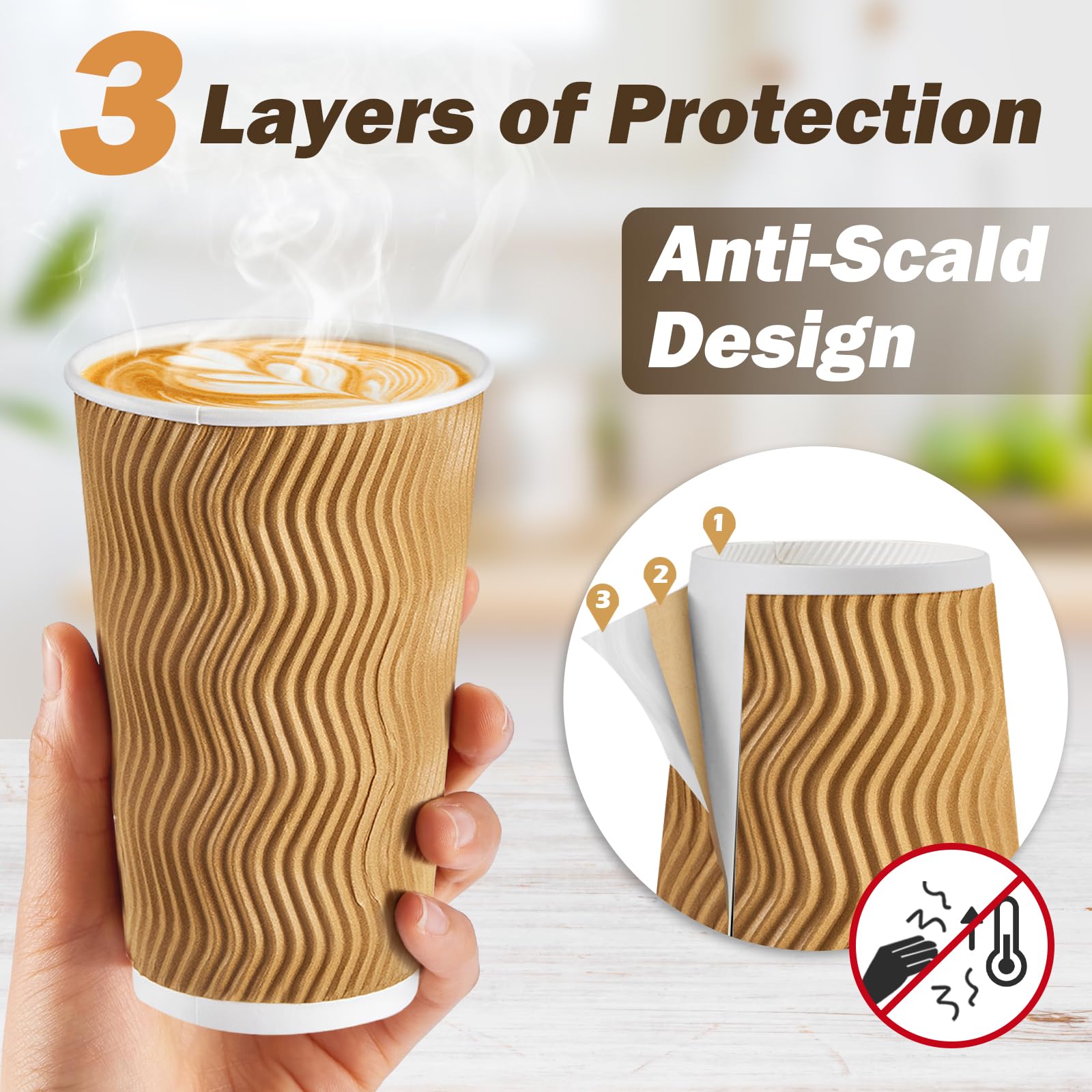 SIUQ 12 oz Coffee Cups-90 Pack Disposable Coffee Cups with Lids and Straws, Insulated Ripple Wall To Go Paper Coffee Cup for Coffee, Hot Chocolate and Hot Tea Drinks - Champagne