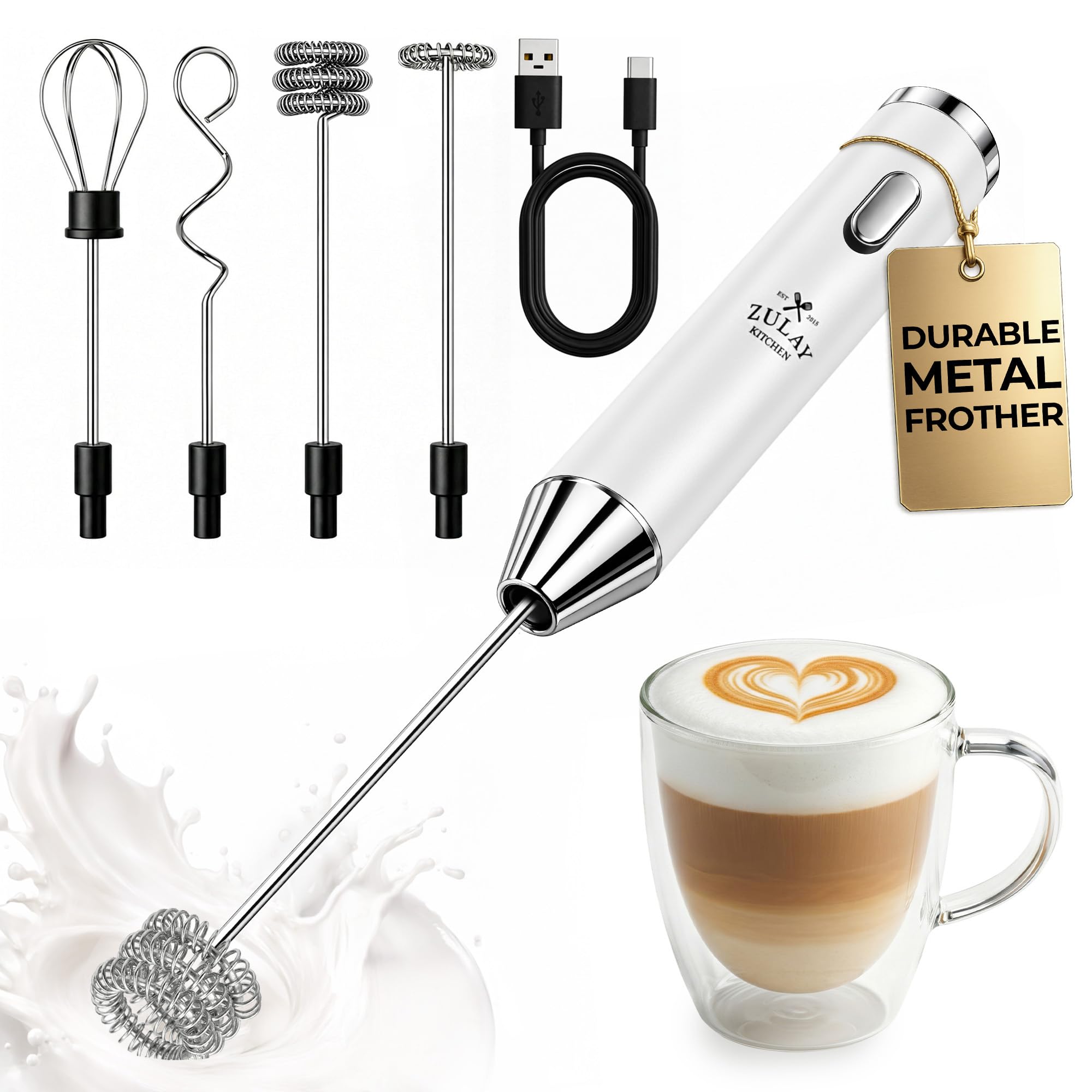 Zulay Kitchen Rechargeable Milk Frother Handheld - Frother Wand, Drink Mixer, Electric Whisk Frother, for Cappuccinos, Matcha & Protein Powder - Lux 4 Whisk 2 Speed Waterproof 2000mAh Alpha Black