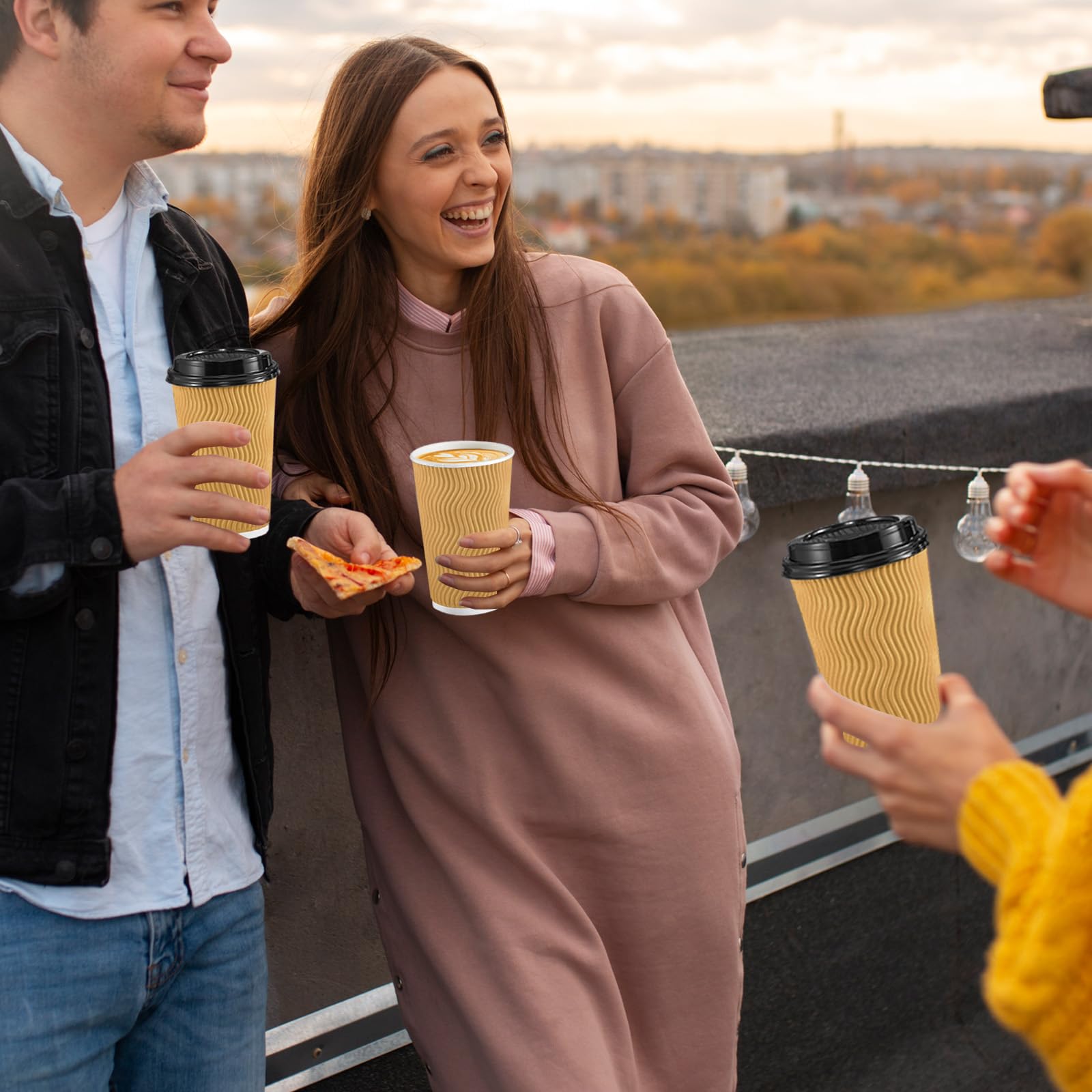 SIUQ 12 oz Coffee Cups-90 Pack Disposable Coffee Cups with Lids and Straws, Insulated Ripple Wall To Go Paper Coffee Cup for Coffee, Hot Chocolate and Hot Tea Drinks - Champagne