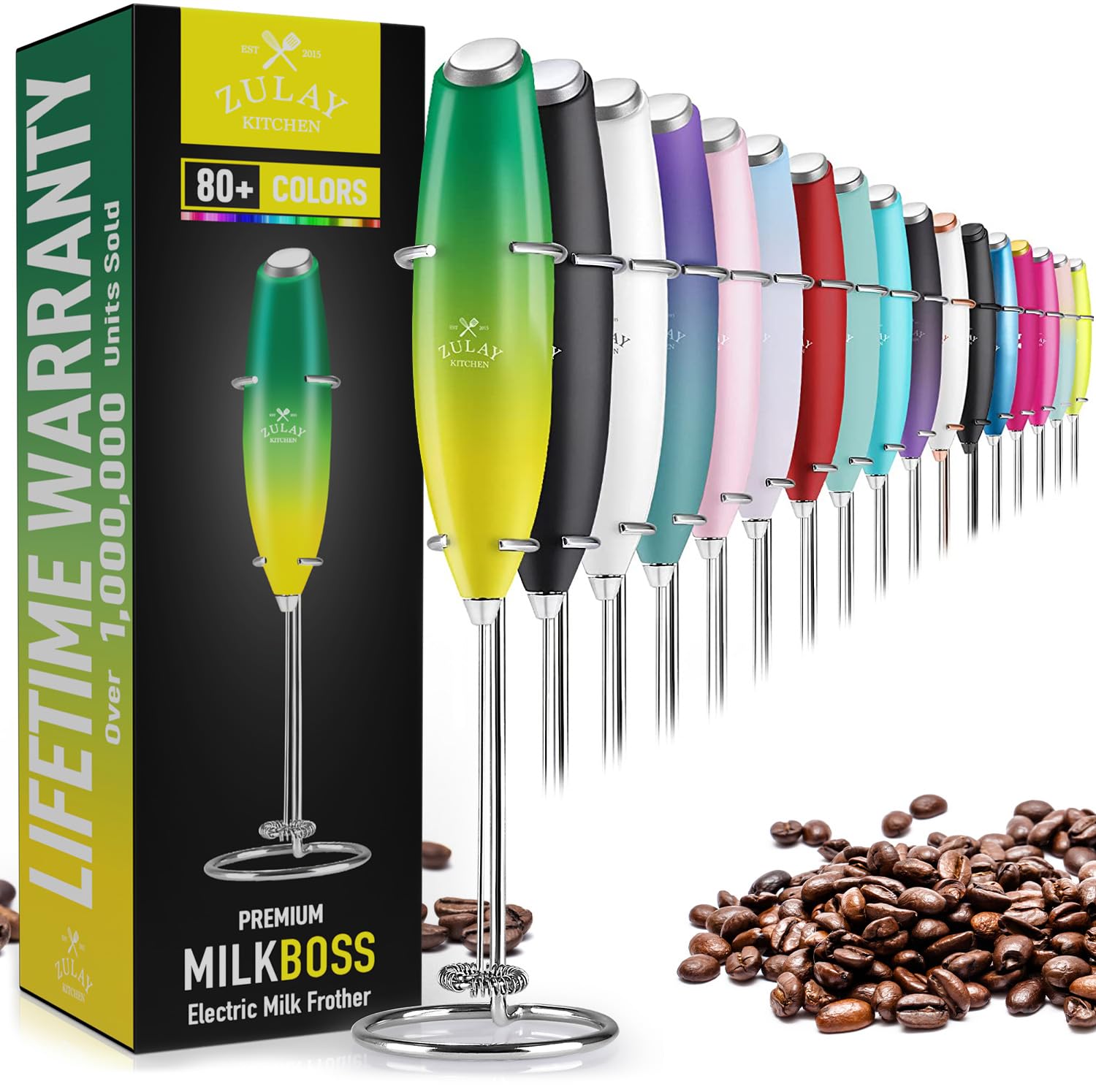 Zulay Kitchen Powerful Milk Frother AA Batteries Included – Ultra Fast Handheld Drink Mixer with Stainless Steel Whisk Stirrer for Coffee, Protein, Matcha & More, Frother Wand Electric Frothmate Black
