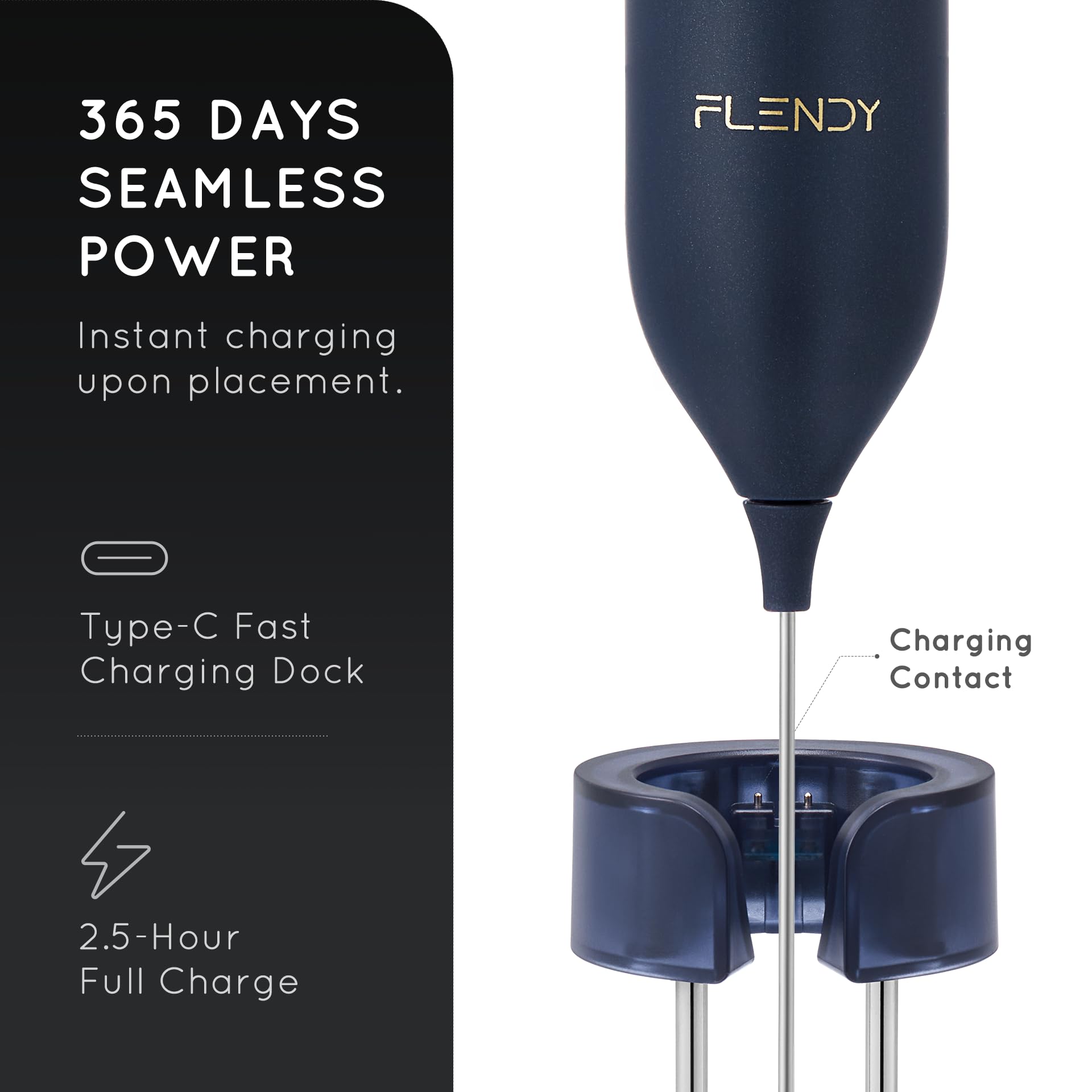 Flendy Rechargeable Milk Frother Handheld, Coffee Frother Handheld with USB-C Charging Stand, Electric Drink Mixer Handheld, Mini Electric Whisk Frother for Coffee, Matcha, etc