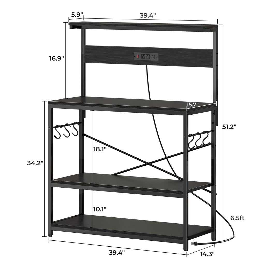 SUPERJARE Kitchen Bakers Rack with Power Outlet, Coffee Bar Table 4 Tiers, Kitchen Microwave Stand with 6 S-shaped Hooks, Storage Shelf Rack for Spices, Pots and Pans - Rustic Brown