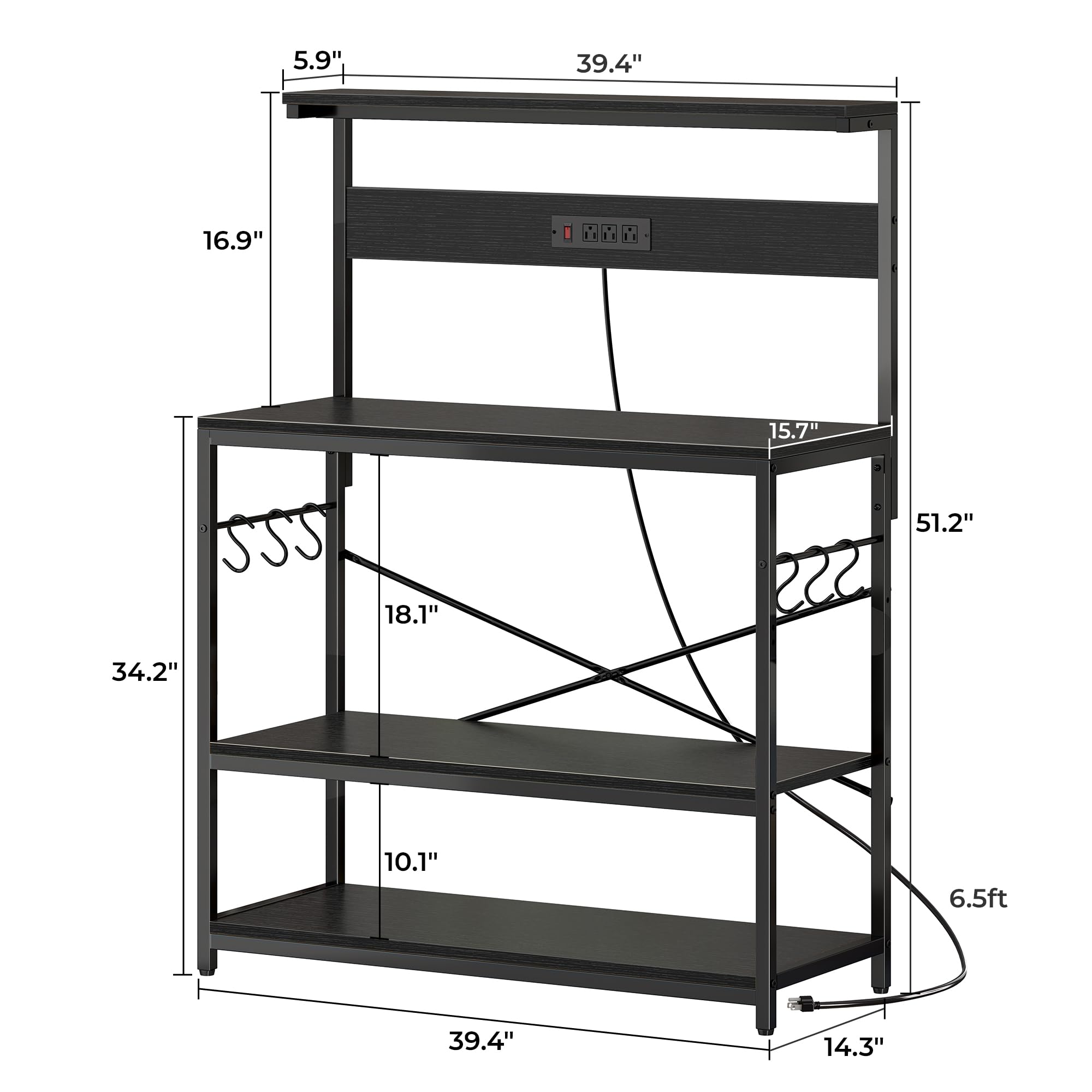SUPERJARE Kitchen Bakers Rack with Power Outlet, Coffee Bar Table 4 Tiers, Kitchen Microwave Stand with 6 S-shaped Hooks, Storage Shelf Rack for Spices, Pots and Pans - Rustic Brown