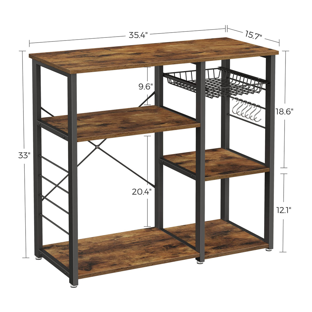 VASAGLE Baker's Rack, Coffee Bar Stand with Charging Station, 35.6 Inches Tall, Storage Shelves, Pull-Out Wire Basket, Table for Microwave, Kitchen, Rustic Brown and Ink Black UKKS036K01