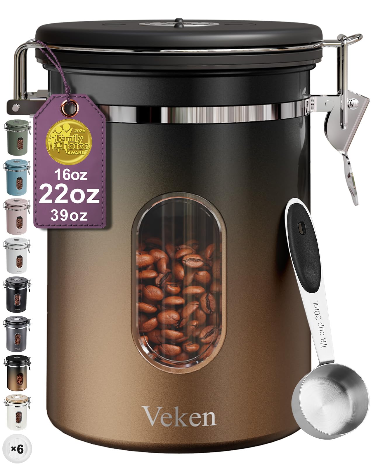 Veken Coffee Canister with Window,Airtight Stainless Steel Pantry Container,Kitchen Food Storage Organizers for Beans,Ground,Espresso,Rice,Tea,Sugar, Cereal, Bar Accessories,Gifts,Lids,Jars,22OZ,Black
