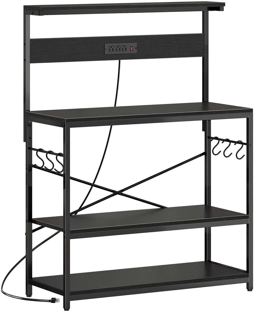 SUPERJARE Kitchen Bakers Rack with Power Outlet, Coffee Bar Table 4 Tiers, Kitchen Microwave Stand with 6 S-shaped Hooks, Storage Shelf Rack for Spices, Pots and Pans - Rustic Brown