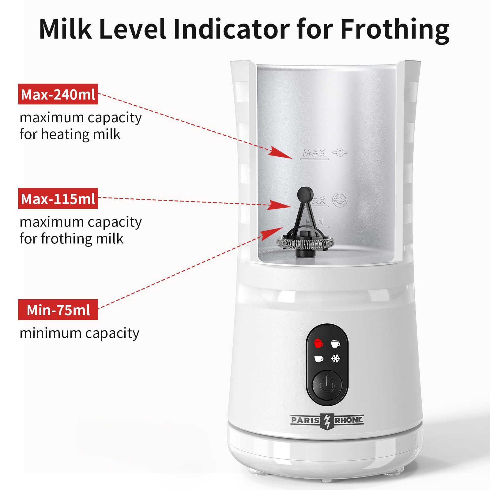 Electric Milk Frother, Paris Rhône 4-in-1 Milk Steamer and Frother, Hot & Cold Foam Milk Warmer with Temperature Control, Auto Shut-Off Frothers for Coffee, Latte,Macchiato, Cappuccino