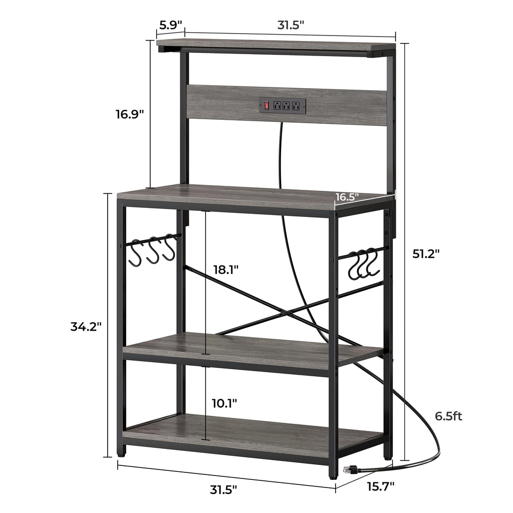 SUPERJARE Kitchen Bakers Rack with Power Outlet, Coffee Bar Table 4 Tiers, Kitchen Microwave Stand with 6 S-shaped Hooks, Storage Shelf Rack for Spices, Pots and Pans - Rustic Brown