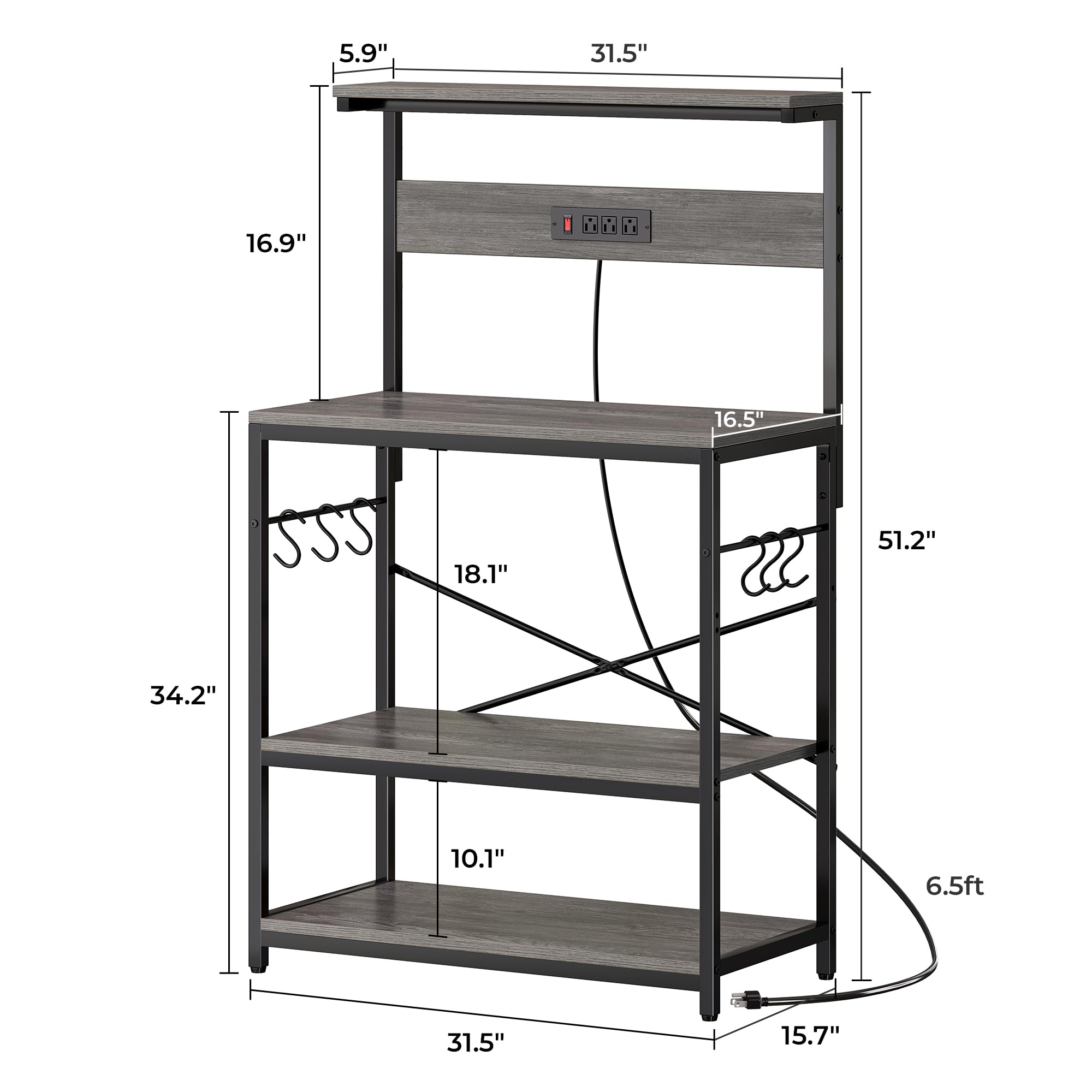 SUPERJARE Kitchen Bakers Rack with Power Outlet, Coffee Bar Table 4 Tiers, Kitchen Microwave Stand with 6 S-shaped Hooks, Storage Shelf Rack for Spices, Pots and Pans - Rustic Brown
