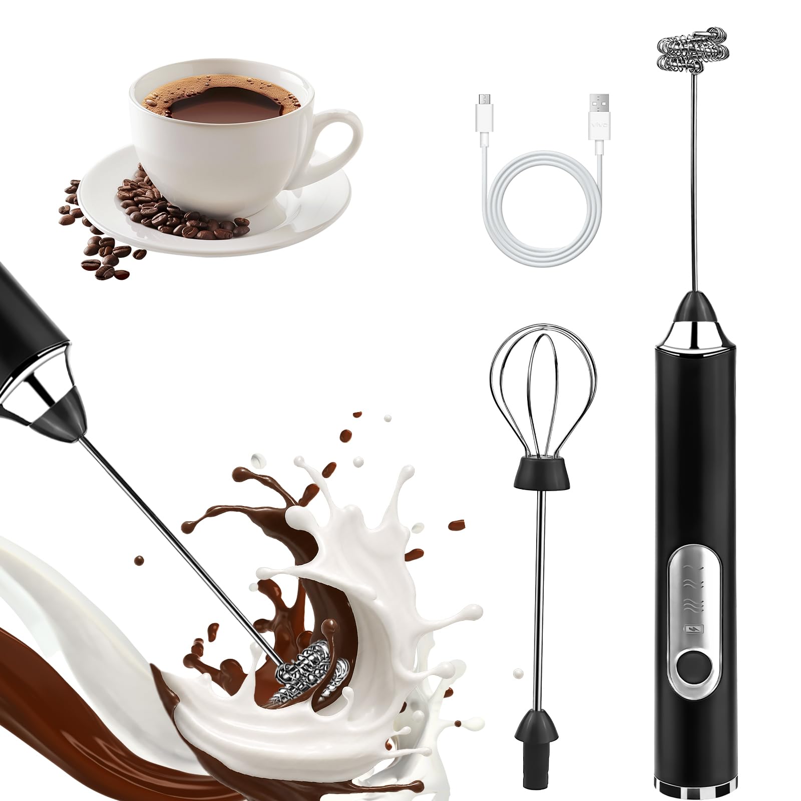 Handheld Milk Frother, rechargeable milk frother with 2 Stainless Steel Whisks 3 Speeds Electric Drink Mixer, Coffee Mixer Wand for Latte, Cappuccino, Matcha, Hot Chocolate, Egg (White)