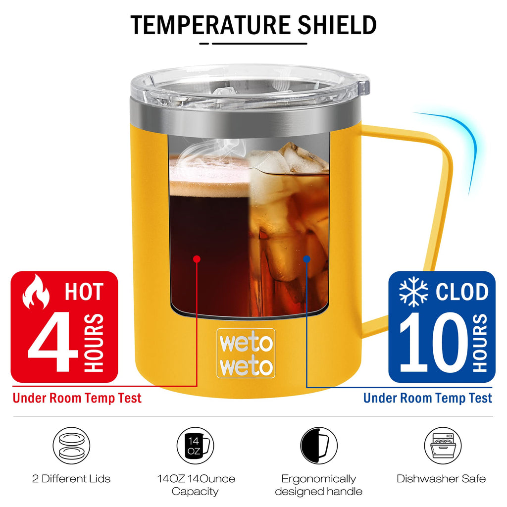 WETOWETO Coffee Mug with Handle, 14oz Insulated Stainless Steel Coffee Travel Mug, Double Wall Vacuum Reusable Coffee Cup with Lid, Powder Coated Rose Gold
