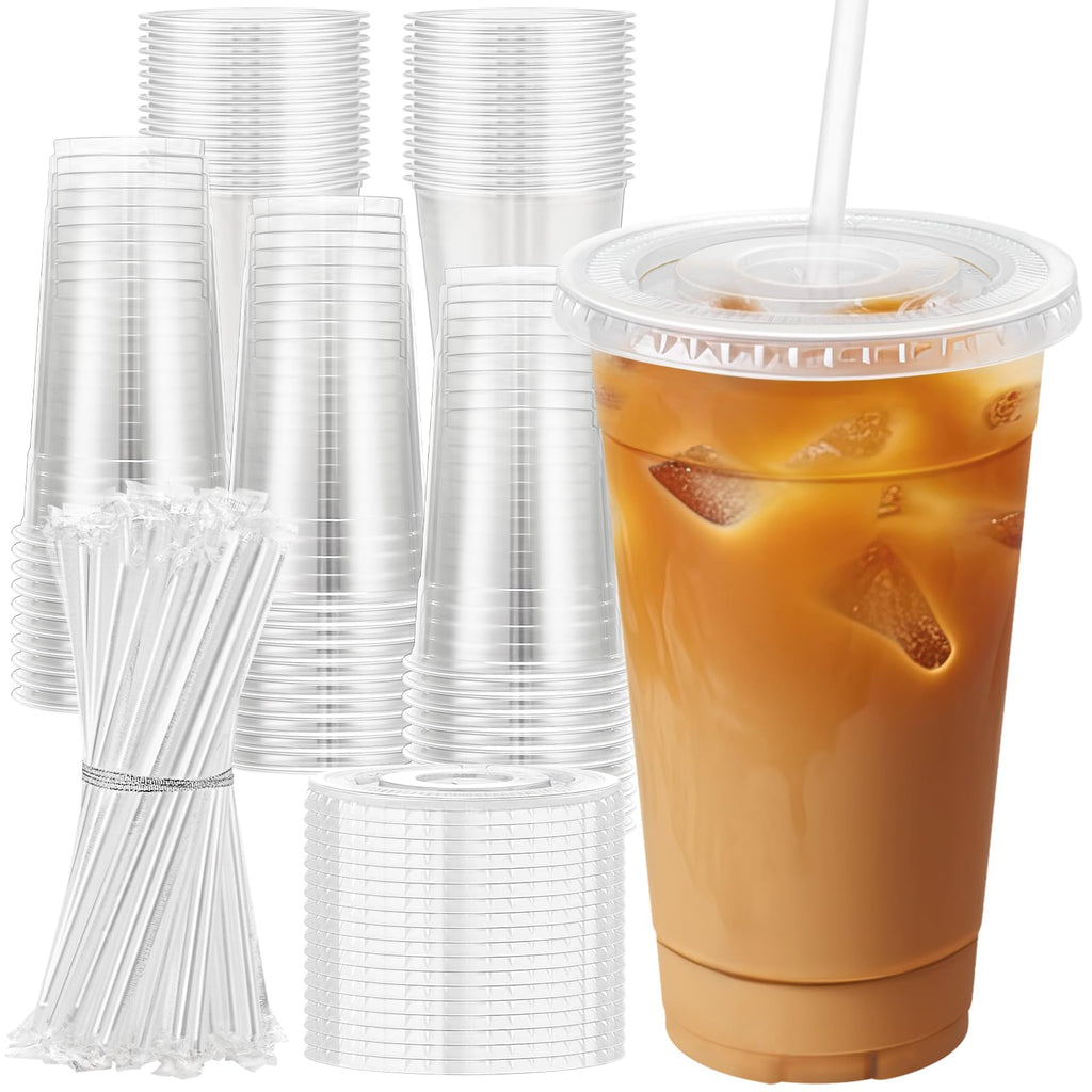 Lamosi 100 Pack 20 oz Clear Plastic Cups with Lids and Straws, Disposable Iced Coffee Cups with Lids for To-Go Cold Drinks, Smoothies and Slushie