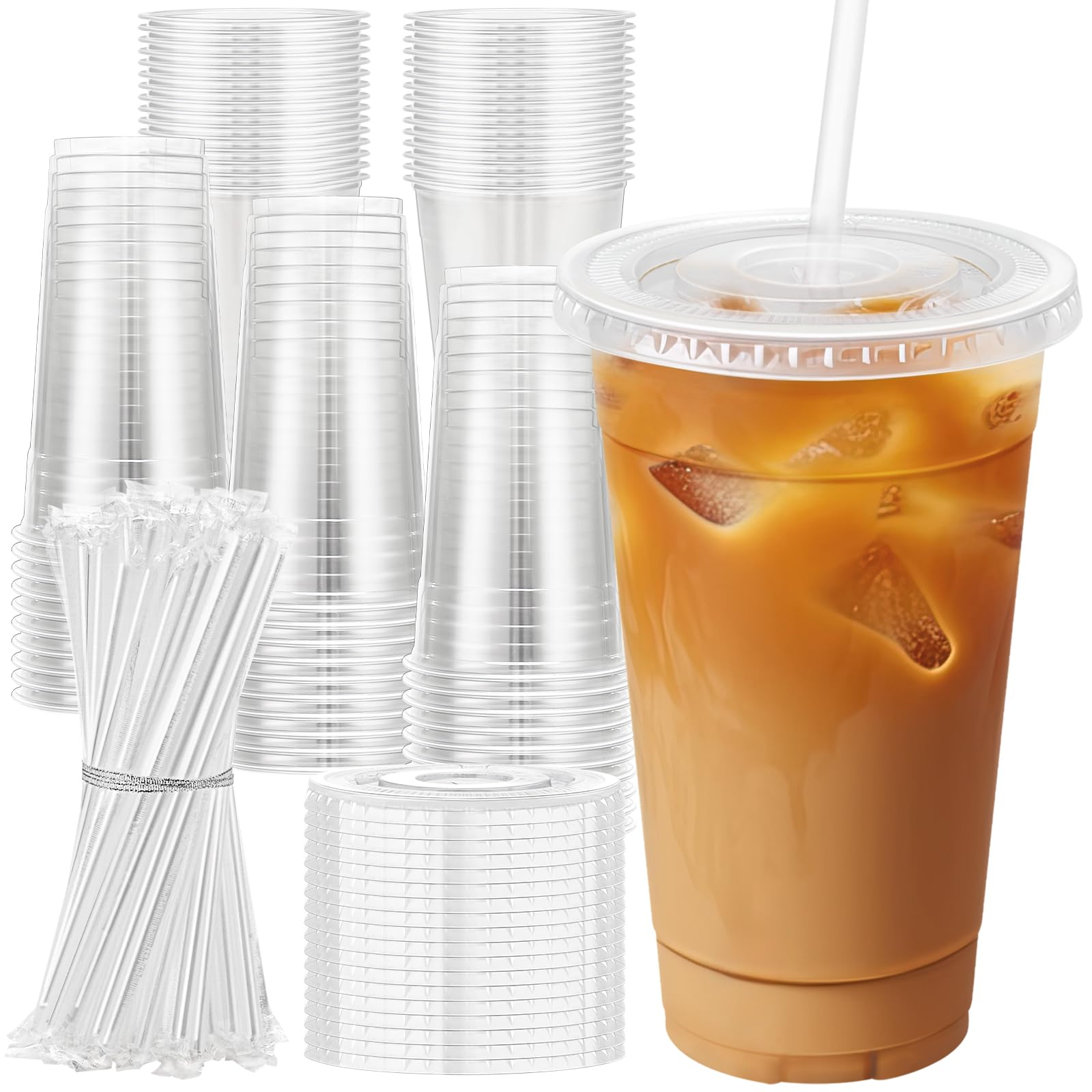 Lamosi 100 Pack 20 oz Clear Plastic Cups with Lids and Straws, Disposable Iced Coffee Cups with Lids for To-Go Cold Drinks, Smoothies and Slushie