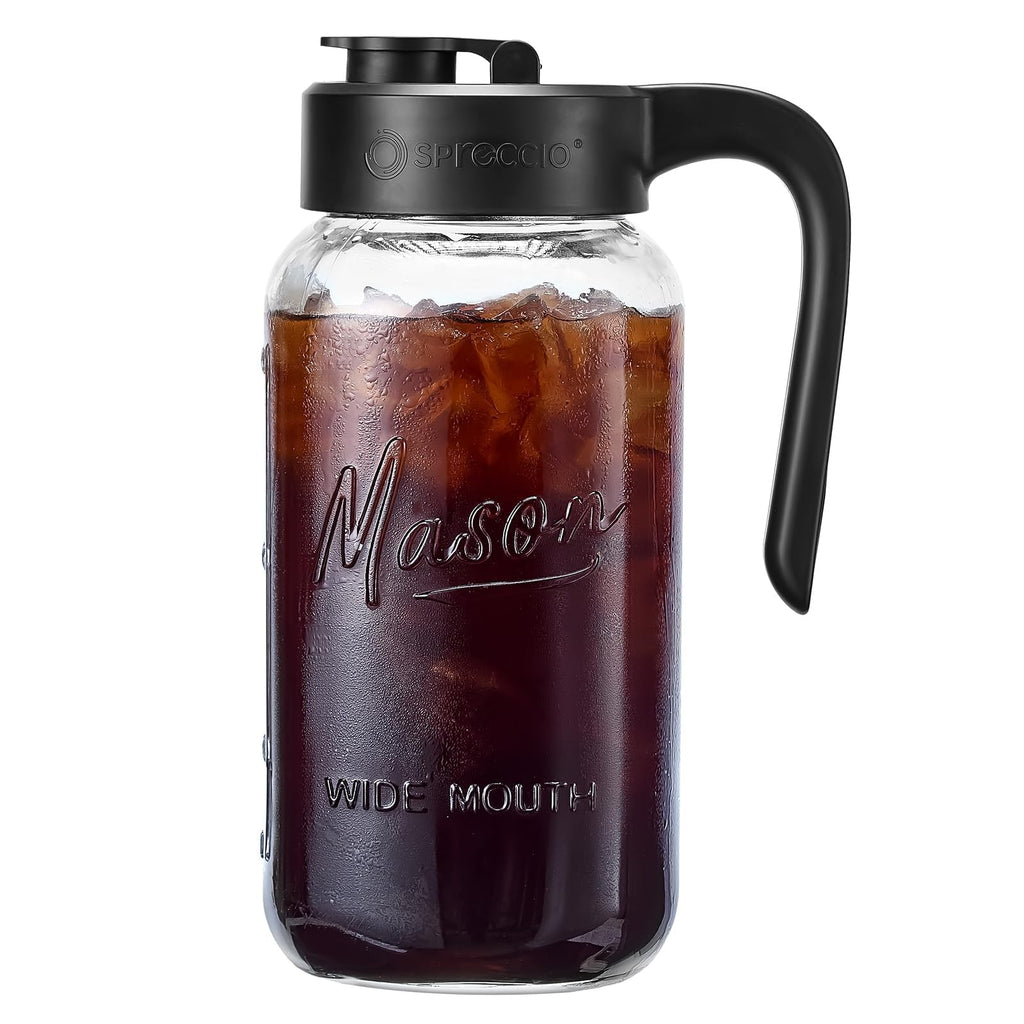 Mason Jar Pitcher - Airtight & Leakproof Glass Pitcher with Lid, Perfect for Breastmilk, Cold Brew, and Sun Tea, 2 Quart (64 oz) Mason Jar with Pour Spout Lid