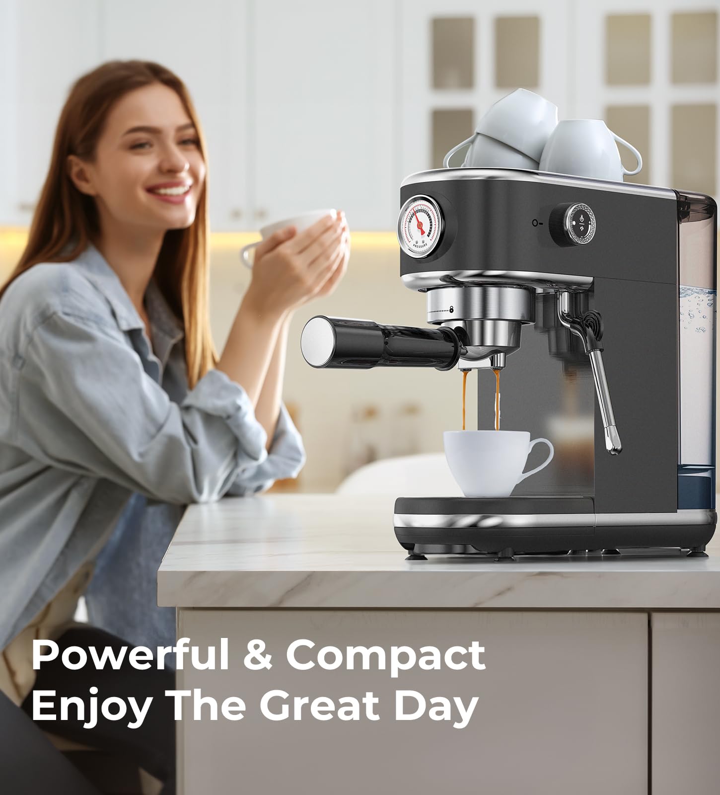 atatix Espresso Machine with Milk Frother, 20 Bar Pressure Espresso Maker, with 44OZ Removable Tank, Compact Stainless Steel Coffee Machine for Home, Office, Latte, Cappuccino, Macchiato, Silver