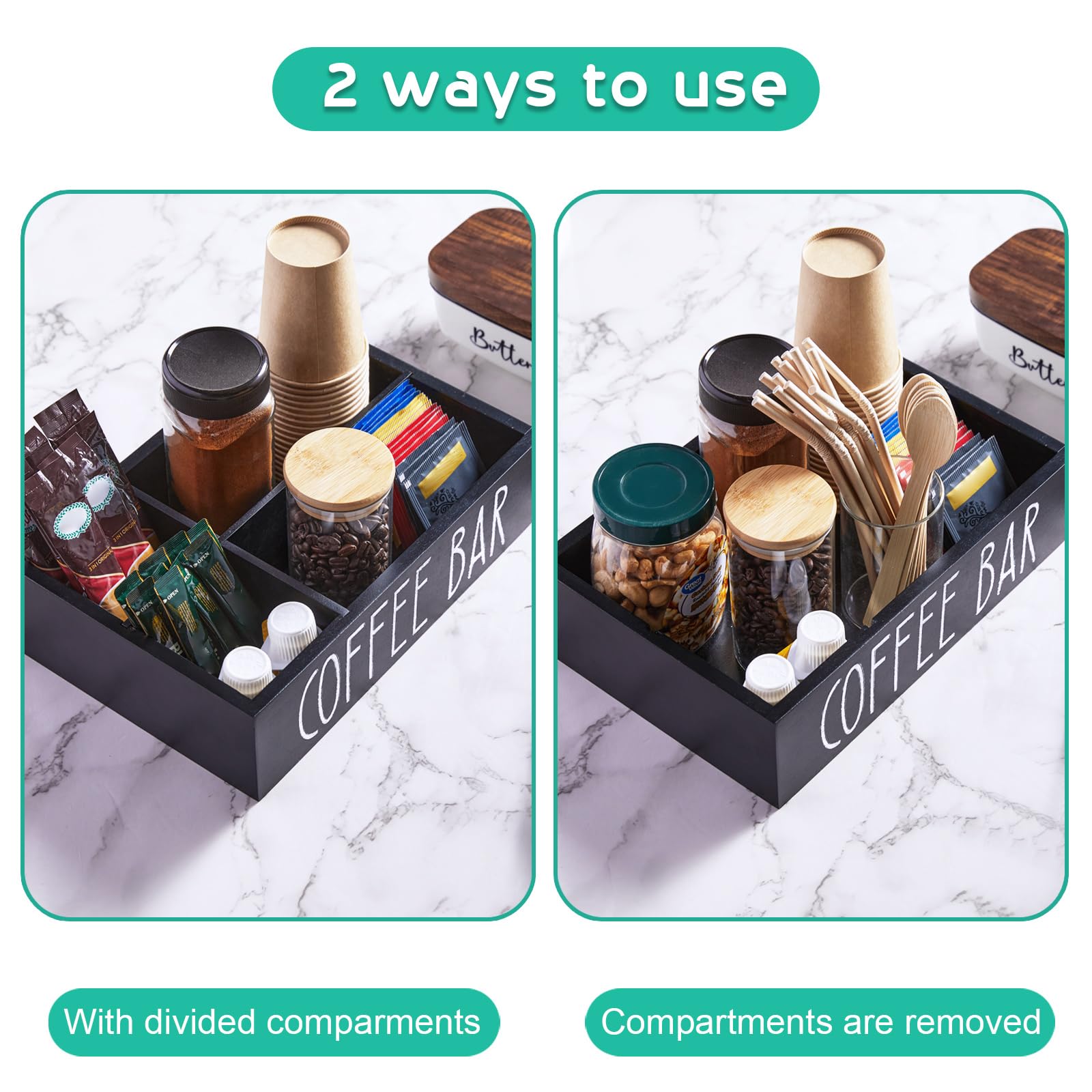 ALELION Coffee Station Organizer - Wood Countertop Accessories Organizer with Removable Dividers for Pods Condiment Syrup Tea Cups Stirrers - for Farmhouse Coffee Bar Decor
