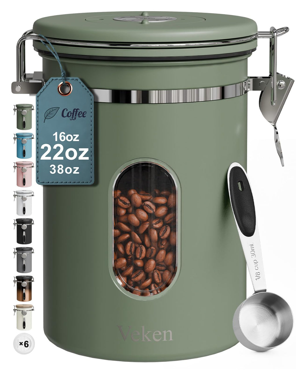 Veken Coffee Canister with Window,Airtight Stainless Steel Pantry Container,Home Kitchen Food Storage Organizers for Ground,Beans,Espresso,Rice,Tea,Sugar,Cereal, Decor,Bar Accessories,Gifts,22OZ,Black