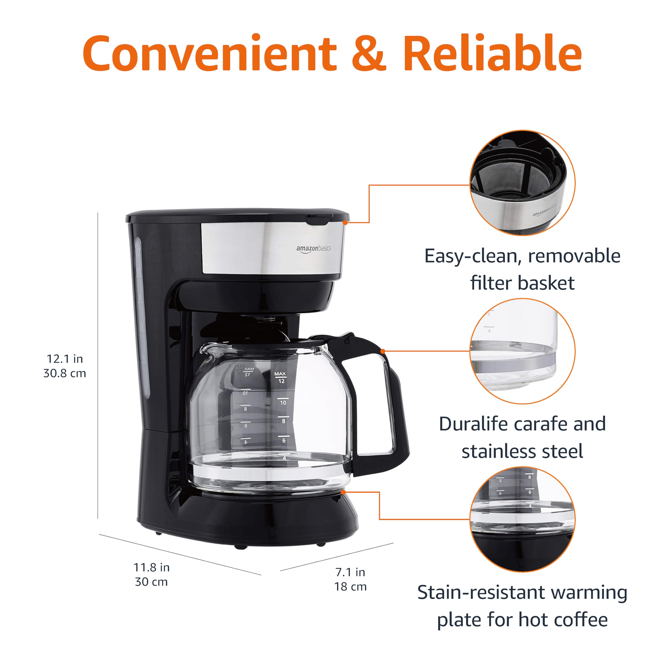 Amazon Basics 5 Cup Drip Coffee Maker with Glass Coffee Pot (0.8 Qt), Auto Shut-off, Auto Pause, Removable Filter Basket, Matte Black