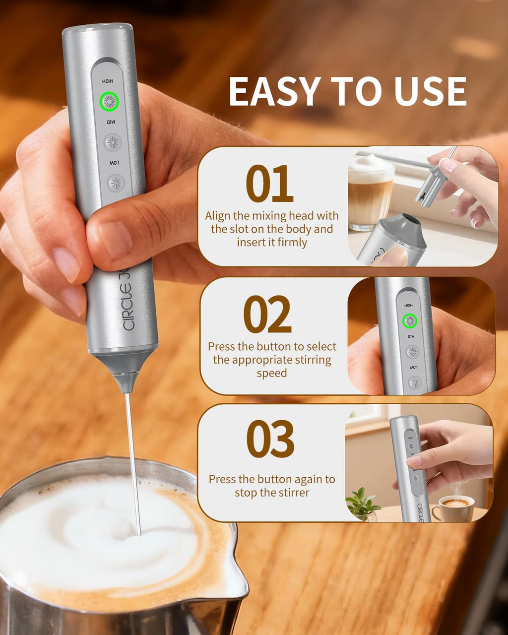 CIRCLE JOY Rechargeable Handheld Milk Frother Wand with 3 Variable Speeds, 3 Whisks and Storage Box, Electric Drink Mixer for Latte, Cappuccino, Hot Chocolate, Eggs and Protein Powder, Black