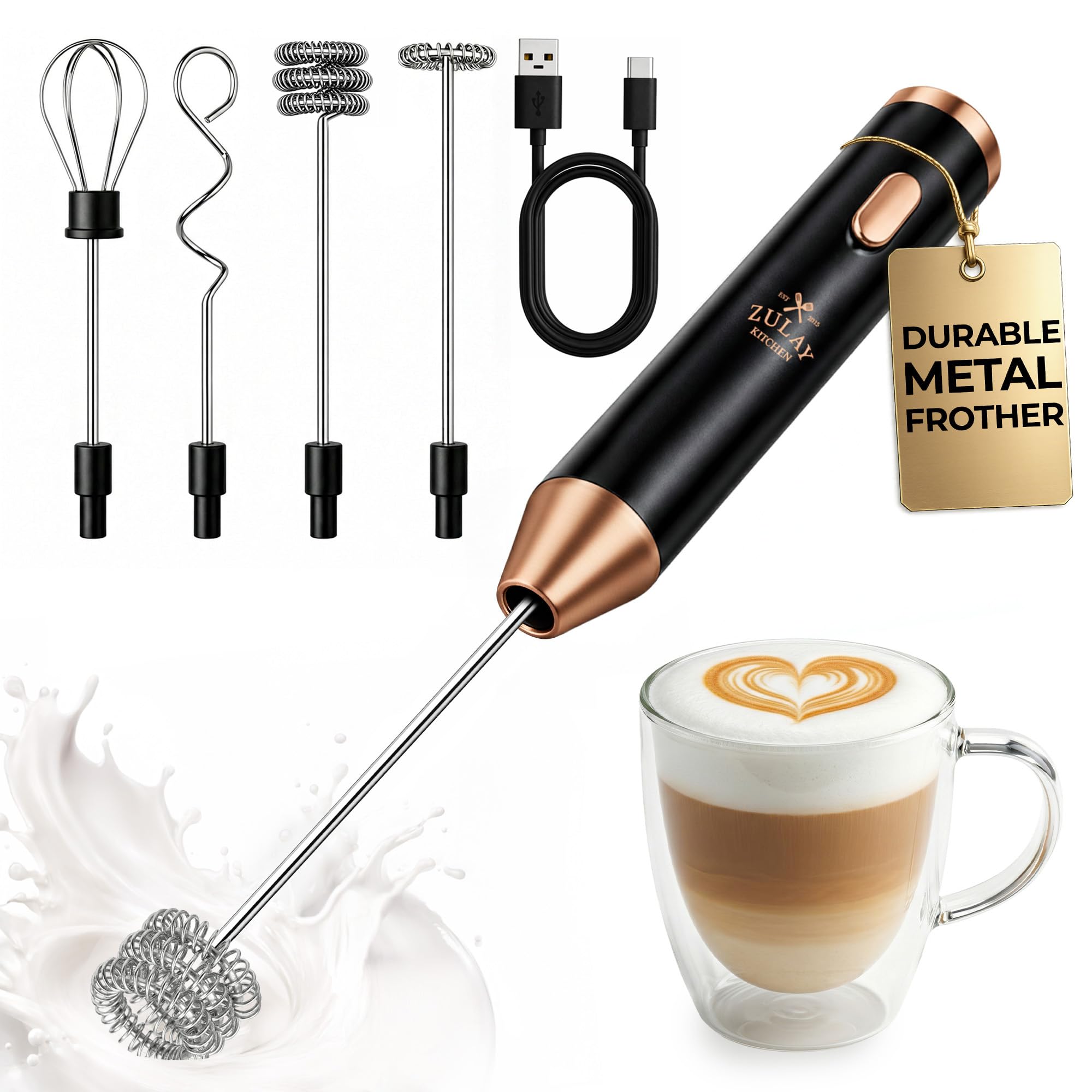 Zulay Kitchen Rechargeable Milk Frother Handheld - Frother Wand, Drink Mixer, Electric Whisk Frother, for Cappuccinos, Matcha & Protein Powder - Lux 4 Whisk 2 Speed Waterproof 2000mAh Alpha Black