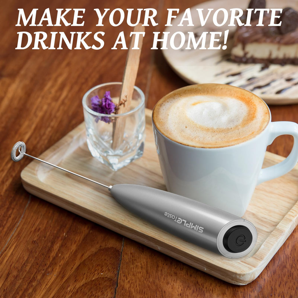 SIMPLETASTE Milk Frother Handheld Electric Foam Maker, Drink Mixer with Stainless Steel Whisk for Cappuccino, Bulletproof Coffee, Latte, Gray, with Stand, Battery Operated