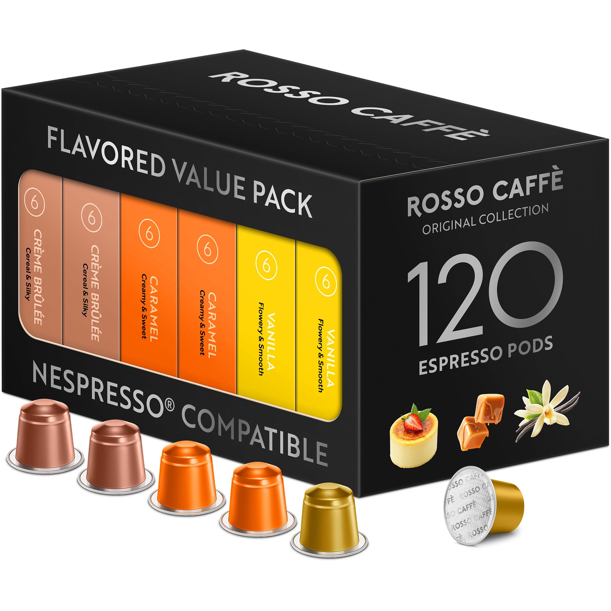 ROSSO CAFFÈ 120 Espresso Coffee Pods for Nespresso Original Machines, Premium Capsules, Variety Value Pack 6 Flavors, Rich Breakfast to Intense Roasts