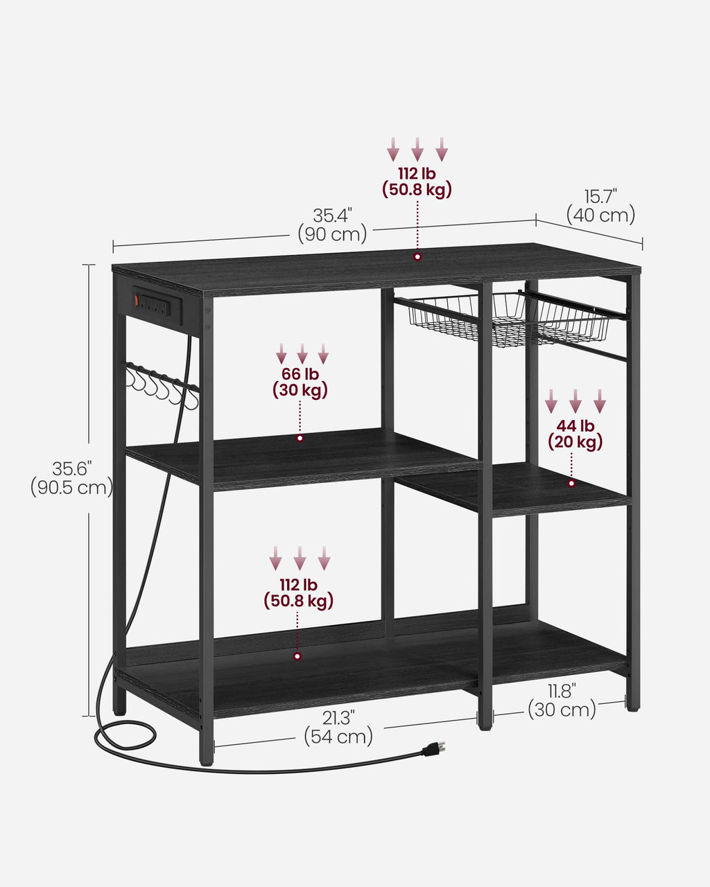 VASAGLE Baker's Rack, Coffee Bar Stand with Charging Station, 35.6 Inches Tall, Storage Shelves, Pull-Out Wire Basket, Table for Microwave, Kitchen, Rustic Brown and Ink Black UKKS036K01