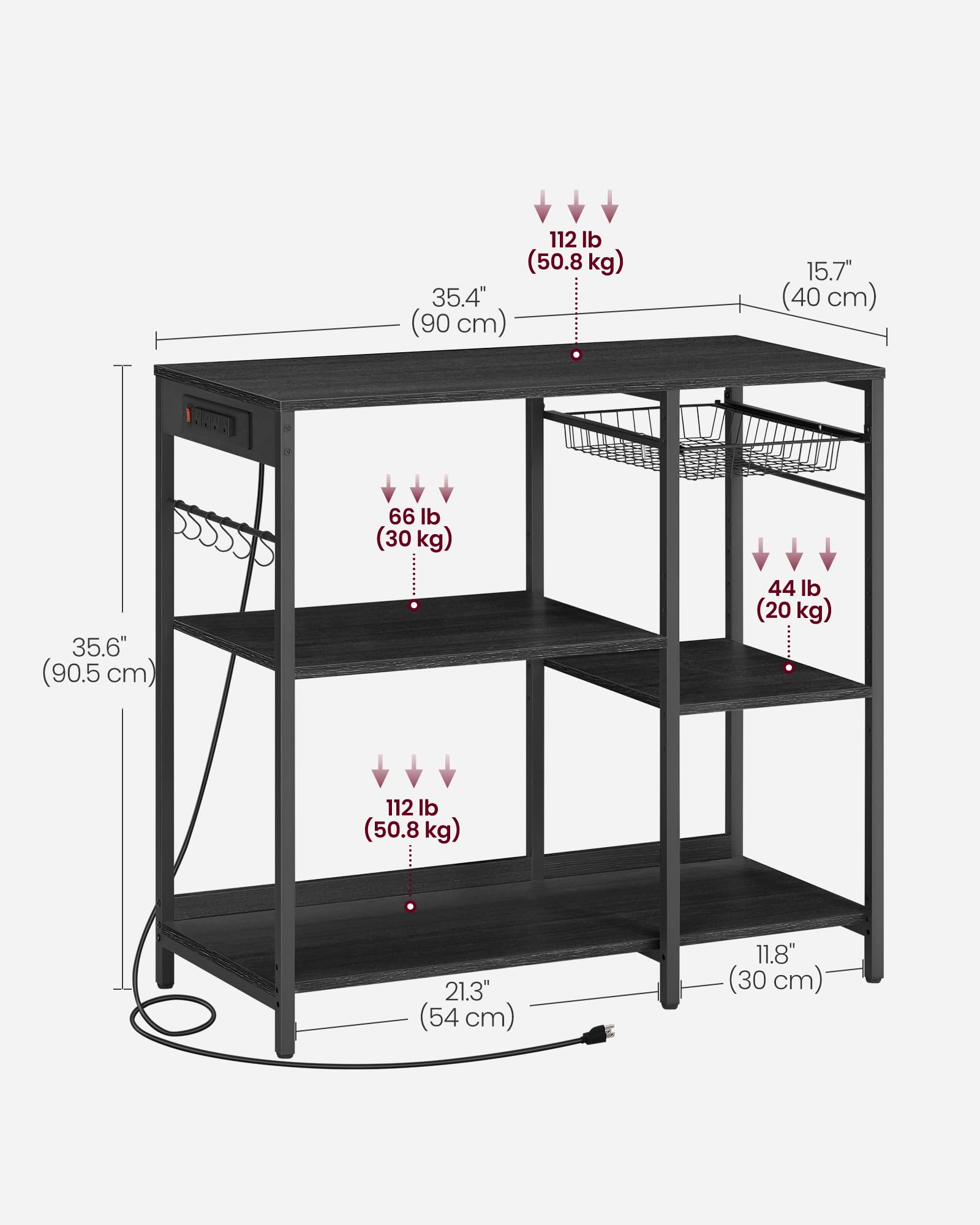 VASAGLE Baker's Rack, Coffee Bar Stand with Charging Station, 35.6 Inches Tall, Storage Shelves, Pull-Out Wire Basket, Table for Microwave, Kitchen, Rustic Brown and Ink Black UKKS036K01