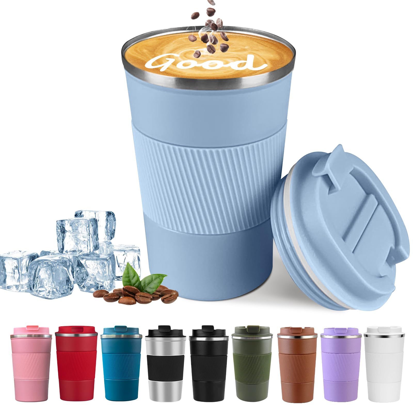 YINBAOGE Insulated Travel Coffee Mug, Spill & Leak Proof, Portable To Go Camping Stainless Steel Coffee Tumbler, Reusable Thermal Coffee Cup with Lid for Hot & Cold Drinks (Black, 12 OZ)